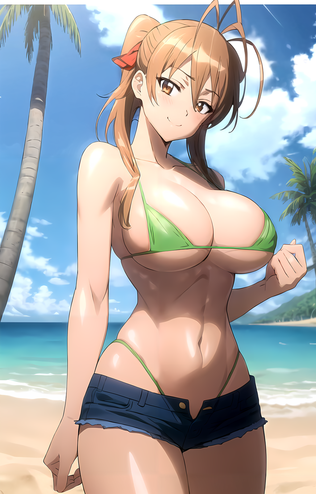 1girl ahoge ai_generated antenna_hair bare_arms bare_shoulders beach bikini blue_shorts blue_sky blush border breasts brown_eyes brown_hair cleavage clenched_hand closed_mouth cloud collarbone cowboy_shot cutoffs day denim denim_shorts female green_bikini hair_between_eyes hair_ribbon hand_up highleg highleg_bikini highschool_of_the_dead large_breasts long_hair looking_at_viewer micro_bikini micro_shorts navel ocean open_fly outdoors palm_tree pixiv ponytail red_ribbon rei_miyamoto rena_aikawa_(pixiv_user) ribbon sand shiny_skin shore short_shorts shorts sidelocks skindentation sky smile solo stable_diffusion standing stomach swimsuit tagme thighs tree underboob water white_border