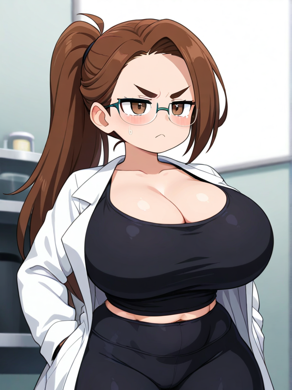 ai_generated angry brown_eyes brown_hair female jenn_the_scientist large_ass large_breasts long_hair original_character ponytail thick_thighs wide_hips