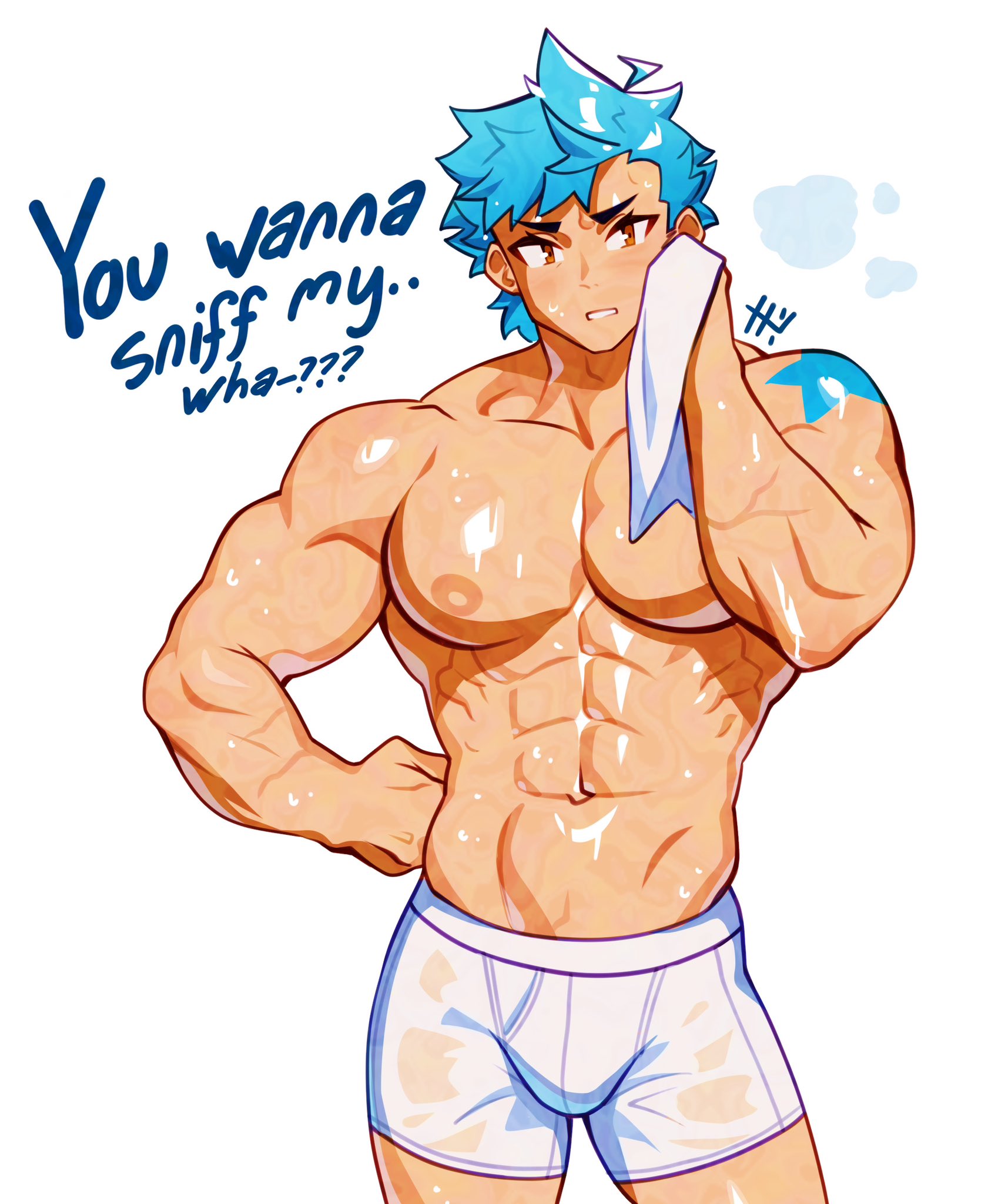 bara, blue hair, brown eyes, cloth, denbe (sachuman), gay, male, male only, muscular, oc, sachuman, sweat, sweaty, underwear, wet clothes, yaoi