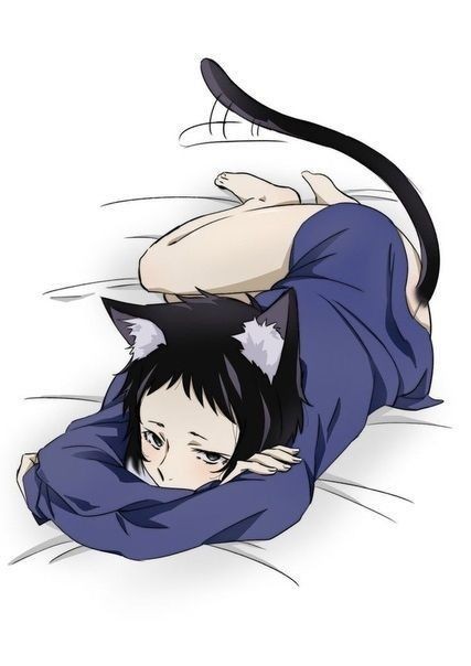 black_eyes black_hair blue_shirt bungo_stray_dogs cat_ears cat_tail feet half-dressed laying_down laying_on_bed pale-skinned_male ryuunosuke_akutagawa twink white_background white_sheets