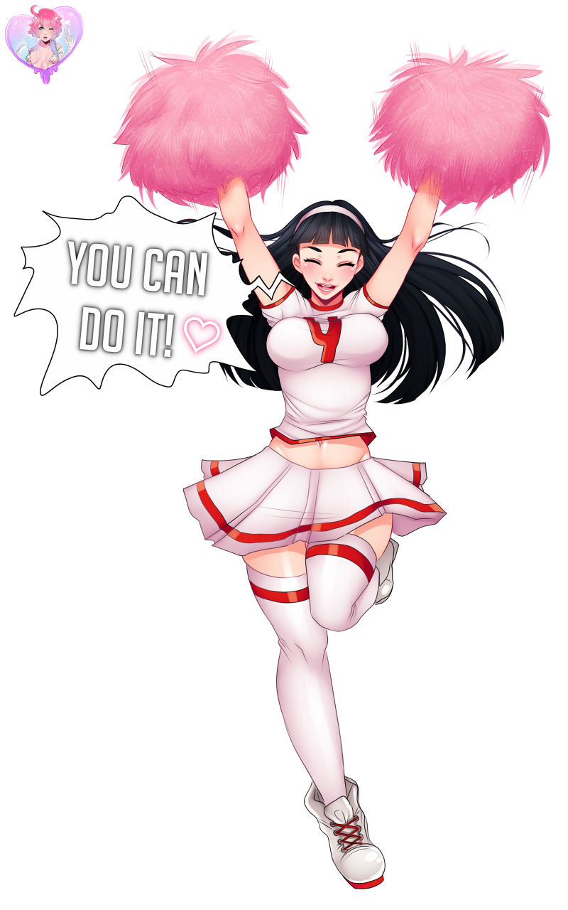 1girls amagi_yukiko black_hair breasts cheerleader cheerleader_uniform closed_eyes english_text hairband large_breasts lawzilla long_hair midriff navel persona persona_4 pom_pom_(cheerleading) pom_poms shirt skirt sneakers text text_bubble thighhighs white_shirt white_skirt