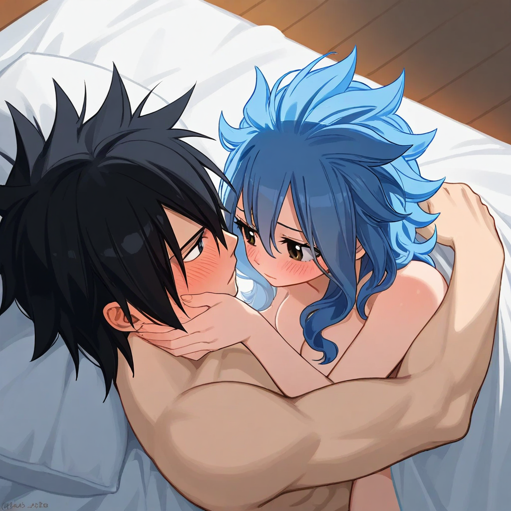 ai_generated black_hair blue_hair couple fairy_tail gray_fullbuster levy_mcgarden on_bed passionate romantic romantic_couple