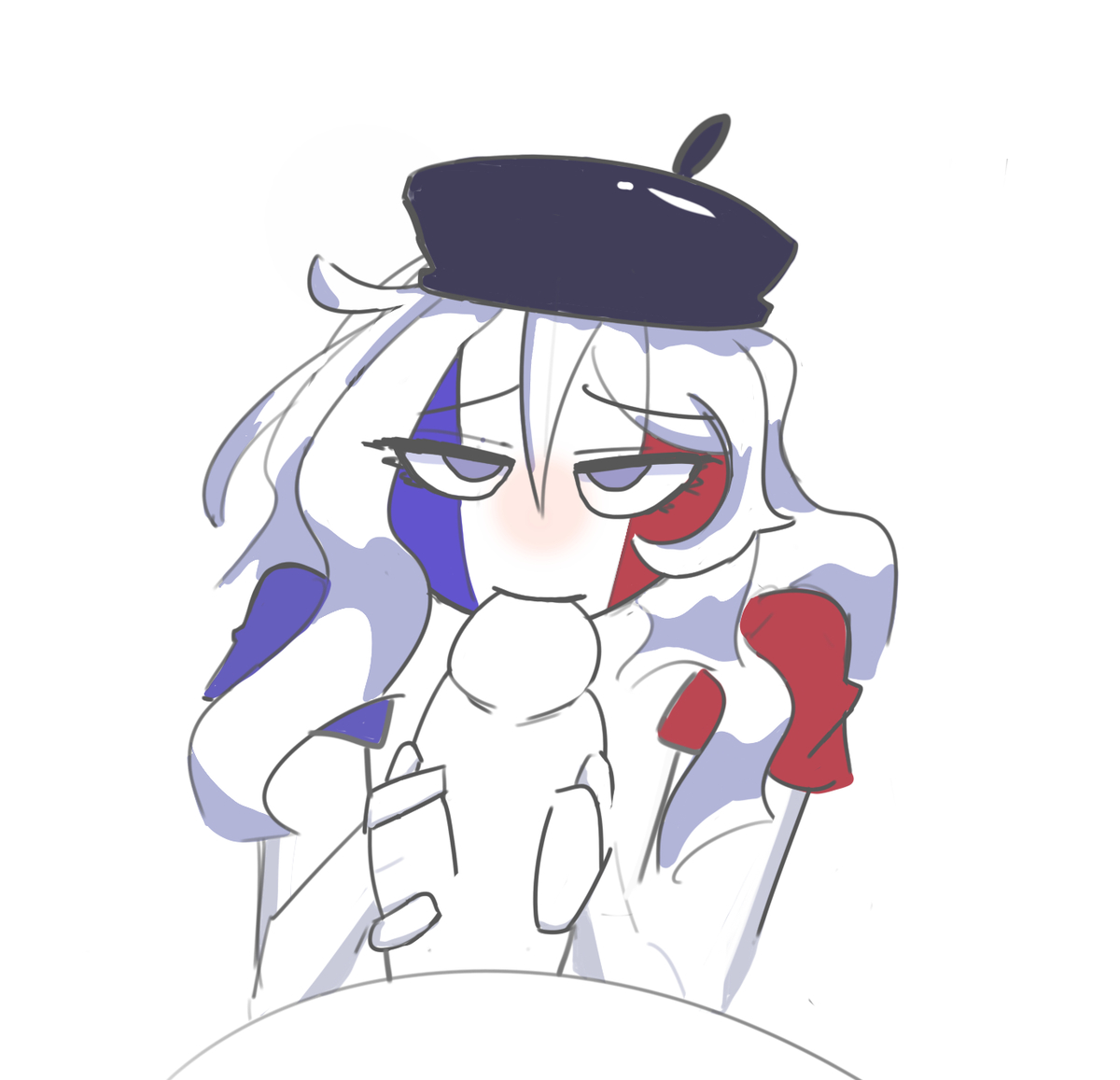 black hat, blowjob, countryhumans, countryhumans girl, female, france (countryhumans), hair, hat, male, penis, pov, sucking penis, white body, white hair
