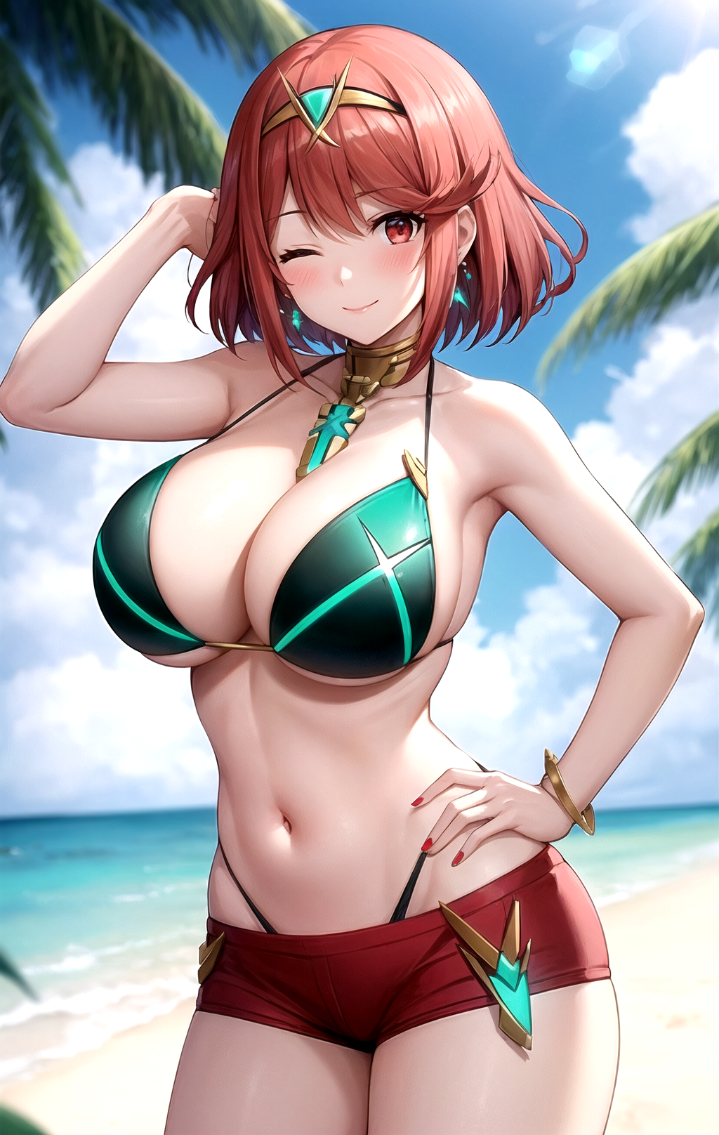 1girl ;\) ai_generated alternate_costume arm_up armpits bare_arms bare_shoulders beach bikini black_bikini blue_sky blurry blurry_background blush bob_cut bracelet breasts chest_jewel choker circlet cleavage closed_mouth cloud cloudy_sky collarbone contrapposto cowboy_shot day drop_earrings earrings female gem green_bikini hair_ornament halterneck hand_in_own_hair hand_on_own_hip hand_up headpiece highleg highleg_bikini jewelry large_breasts lens_flare looking_at_viewer nail_polish navel ocean one_eye_closed outdoors palm_leaf palm_tree pixiv pyra_(xenoblade) red_eyes red_hair red_nails red_shorts rena_aikawa_(pixiv_user) sand shore short_hair short_shorts shorts sideboob sidelocks skindentation sky smile solo stable_diffusion standing stomach strap_gap string_bikini sunlight swept_bangs swimsuit tagme thighs tiara tree underboob water xenoblade_(series) xenoblade_chronicles_2