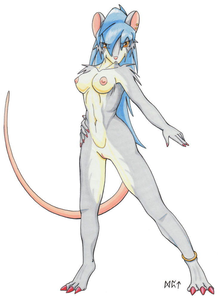 anthro blue_hair breasts claws crystal_starr ear_piercing female fur furry hair looking_at_viewer navel nipples nude piercing pussy rat ratofblades rodent standing