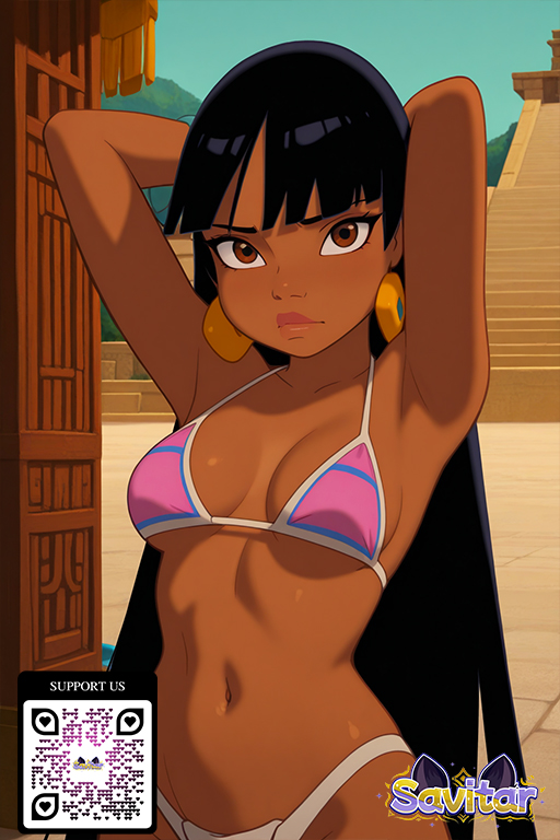 ai_generated arm_behind_head armpits arms_behind_head arms_up artist_logo bangs bare_shoulders bikini black_hair blunt_bangs blush breasts brown_eyes chel_(the_road_to_el_dorado) clavicle cleavage closed_mouth clothing cowboy_shot dark-skinned_female dark_skin day earrings female female female_only jewelry large_breasts lips littlehentai long_hair looking_at_viewer medium_breasts midriff navel one_arm_up outdoors parted_lips pink_bikini savitar savitar_(artist) solo standing stomach swimsuit the_road_to_el_dorado thighs underboob very_long_hair