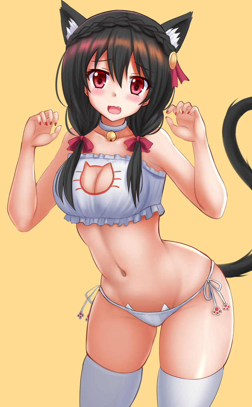 1girls bell bell_choker black_hair bra breasts cat_bell cat_ears cat_keyhole_bra cat_keyhole_lingerie cat_lingerie cat_tail choker crown_braid fake_animal_ears fake_tail kazenokaze kono_subarashii_sekai_ni_shukufuku_wo! lingerie looking_at_viewer medium_breasts midriff navel painted_fingernails panties paw_pose red_eyes side-tie_panties thighhighs twintails white_bra white_lingerie white_panties yunyun_(konosuba)