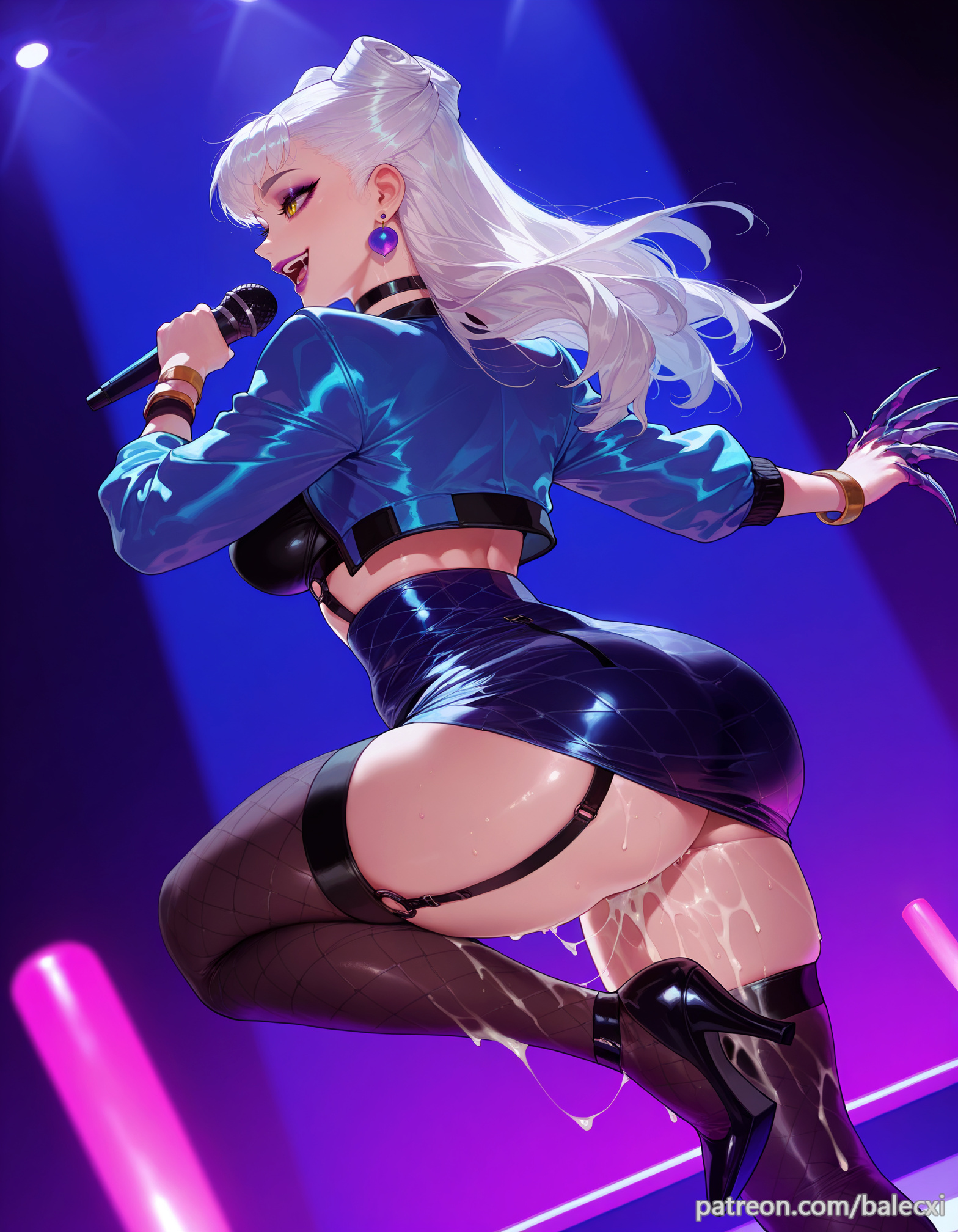 ai generated, ass, balecxi, bracelet, breasts, choker, claw (weapon), claws, cum, earrings, evelynn, eyeshadow, female, garter straps, high heels, holding, holding microphone, jacket, jewelry, k/da (league of legends), k/da all out evelynn, k/da all out series, league of legends, long hair, makeup, microphone, open mouth, skirt, smile, solo, thighhighs, thighs, white hair, yellow eyes