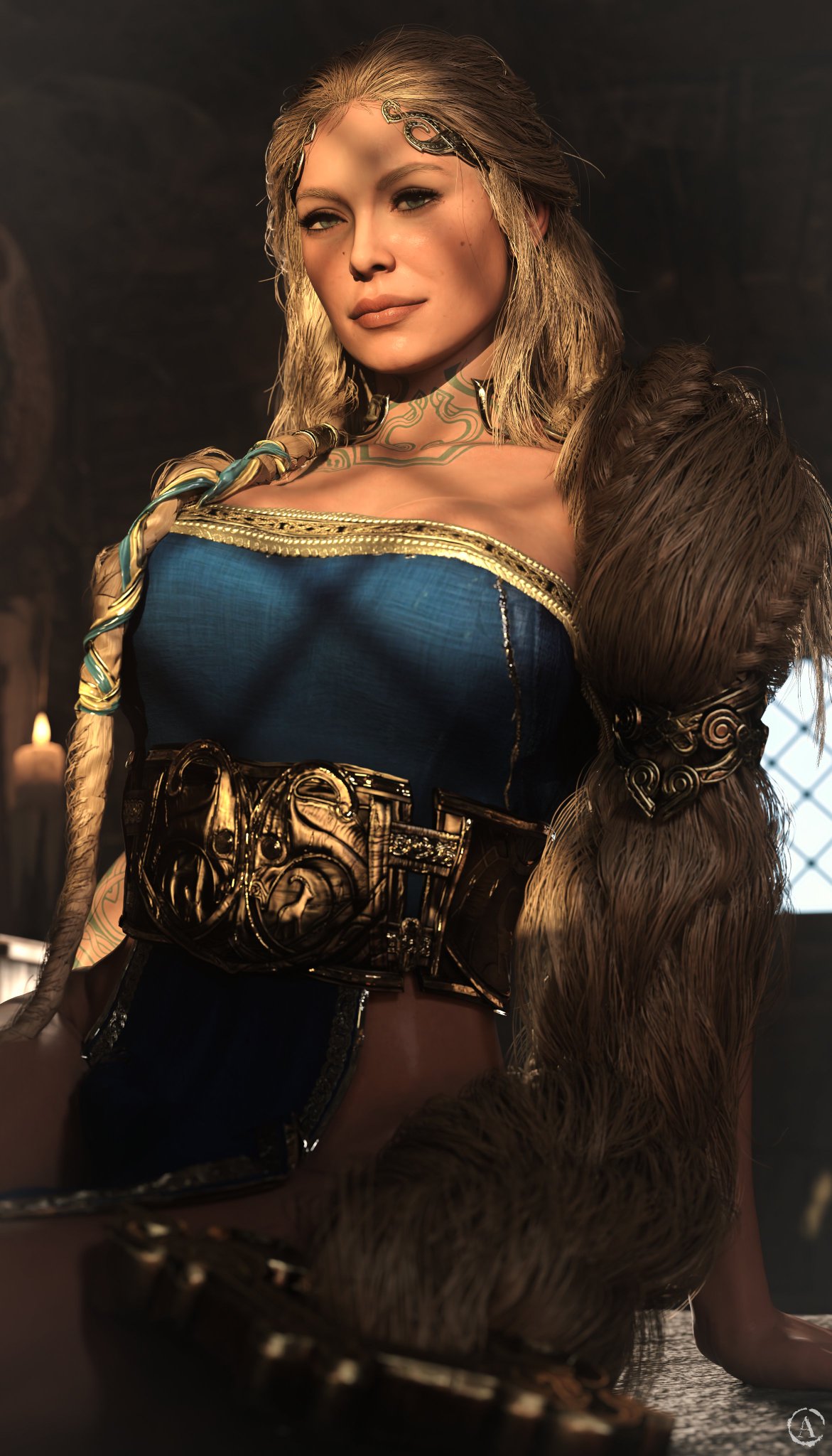 alf3d blonde_female blonde_hair busty female_focus female_only god_of_war god_of_war_ragnarok goddess mature_female milf mommy norse_mythology seductive_female sif_(god_of_war) thick_thighs thighhighs