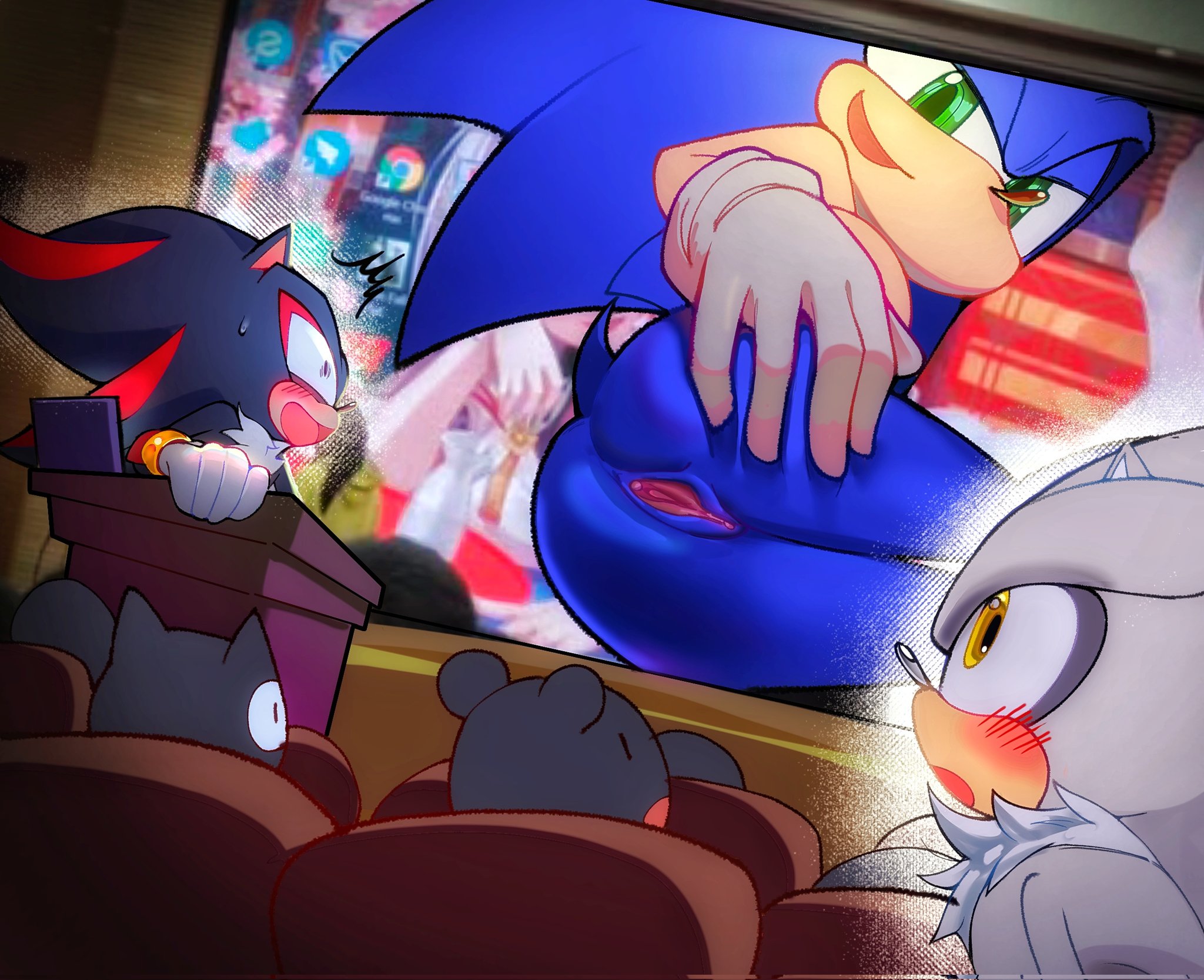 ass, audience, blush, cuntboy, intersex, lying on side, male, monitor, pussy, queen deus15144, sega, shadow the hedgehog, shocked expression, silver the hedgehog, sonic (series), sonic the hedgehog, spread ass