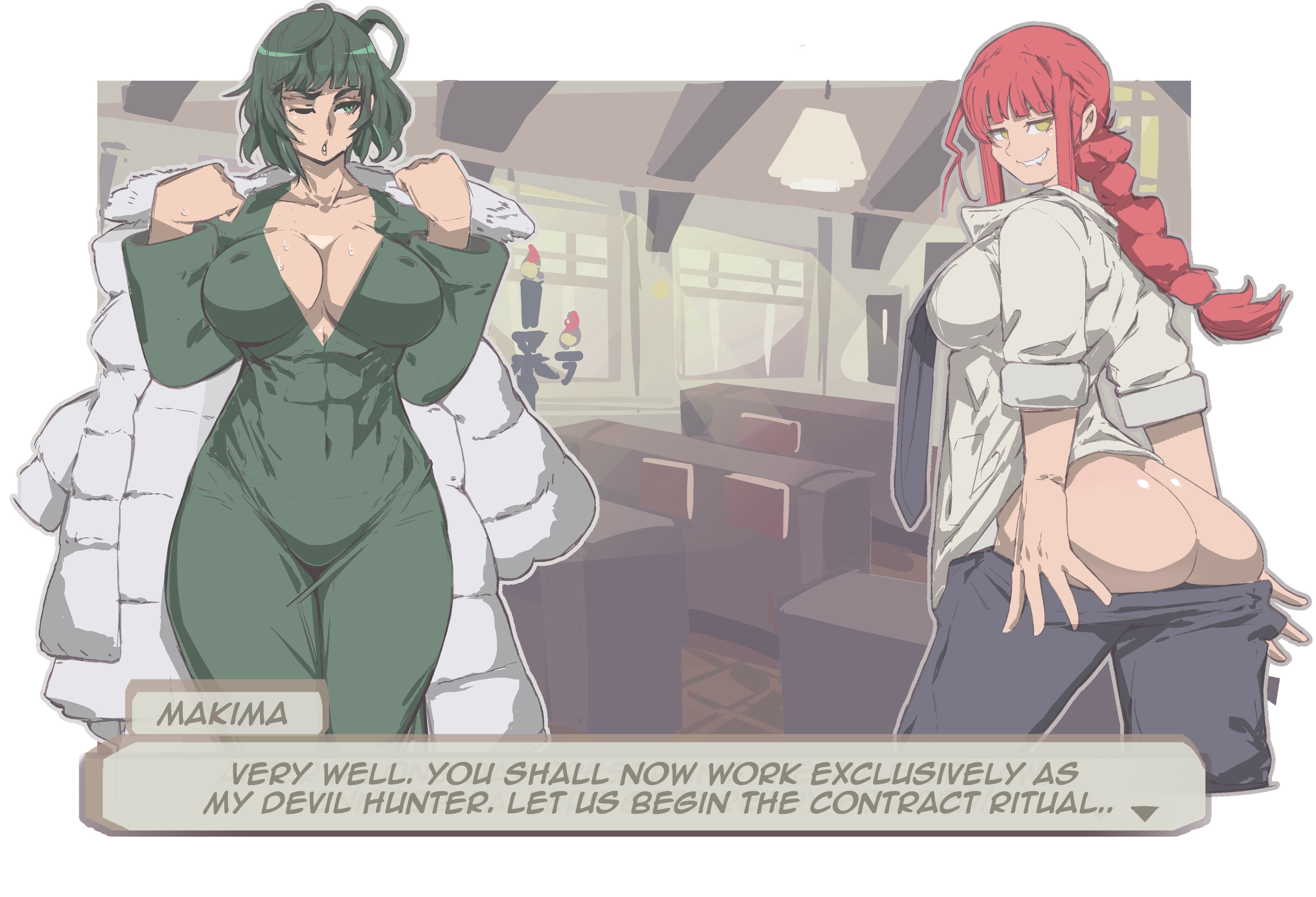 2girls, 7 passes, ass, biting lip, breasts, chainsaw man, cleavage, crossover, fubuki (one-punch man), imminent sex, job interview, lesbian, makima (chainsaw man), nervous, one-punch man, pulling down pants, sweating, undressing