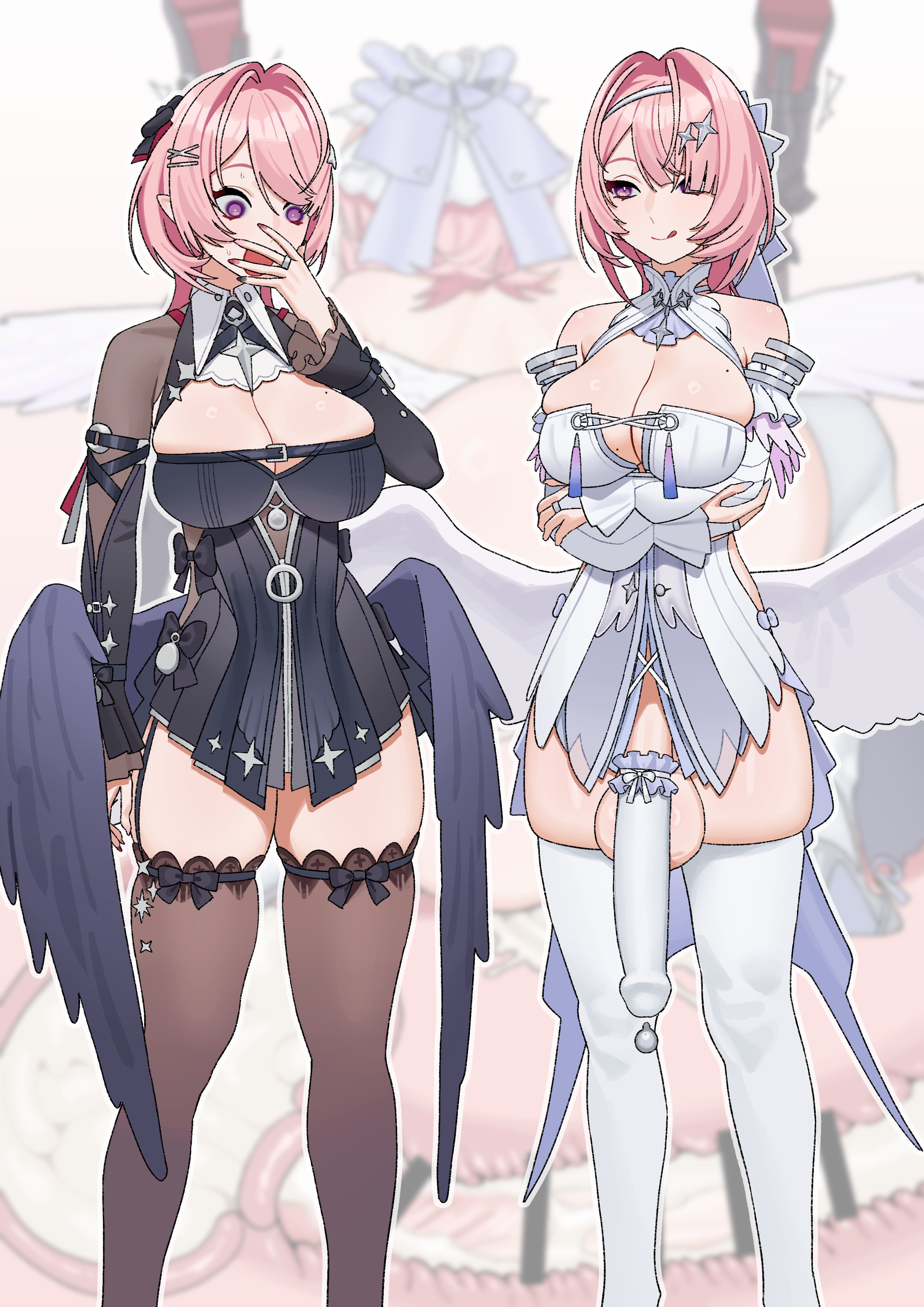 2girls, absurdres, big breasts, breasts, commentary, commentary request, cum, cum in pussy, dual persona, fffukuzawa, futa with female, futanari, garter straps, highres, internal cumshot, large breasts, large penis, large testicles, looking at penis, mating press, medium hair, multiple girls, official alternate costume, penis, penis awe, pink hair, remielle dan, remielle dan (moonlight whispers), selfcest, sex, testicles, thick thighs, thighhighs, thighs, vaginal, wings, x-ray, zenless zone zero