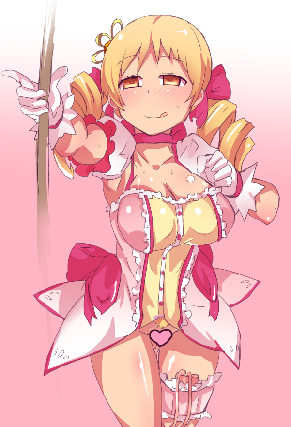 :p blonde_hair blush breasts censored cosplay drill_hair female gedou_danshaku gloves heart_censor human madoka_kaname madoka_kaname_(cosplay) magical_girl mahou_shoujo_madoka_magica pussy pussy_juice skirt solo thighhighs tied_hair tomoe_mami tongue twin_drills twintails vibrator vibrator_in_thighhighs yellow_eyes