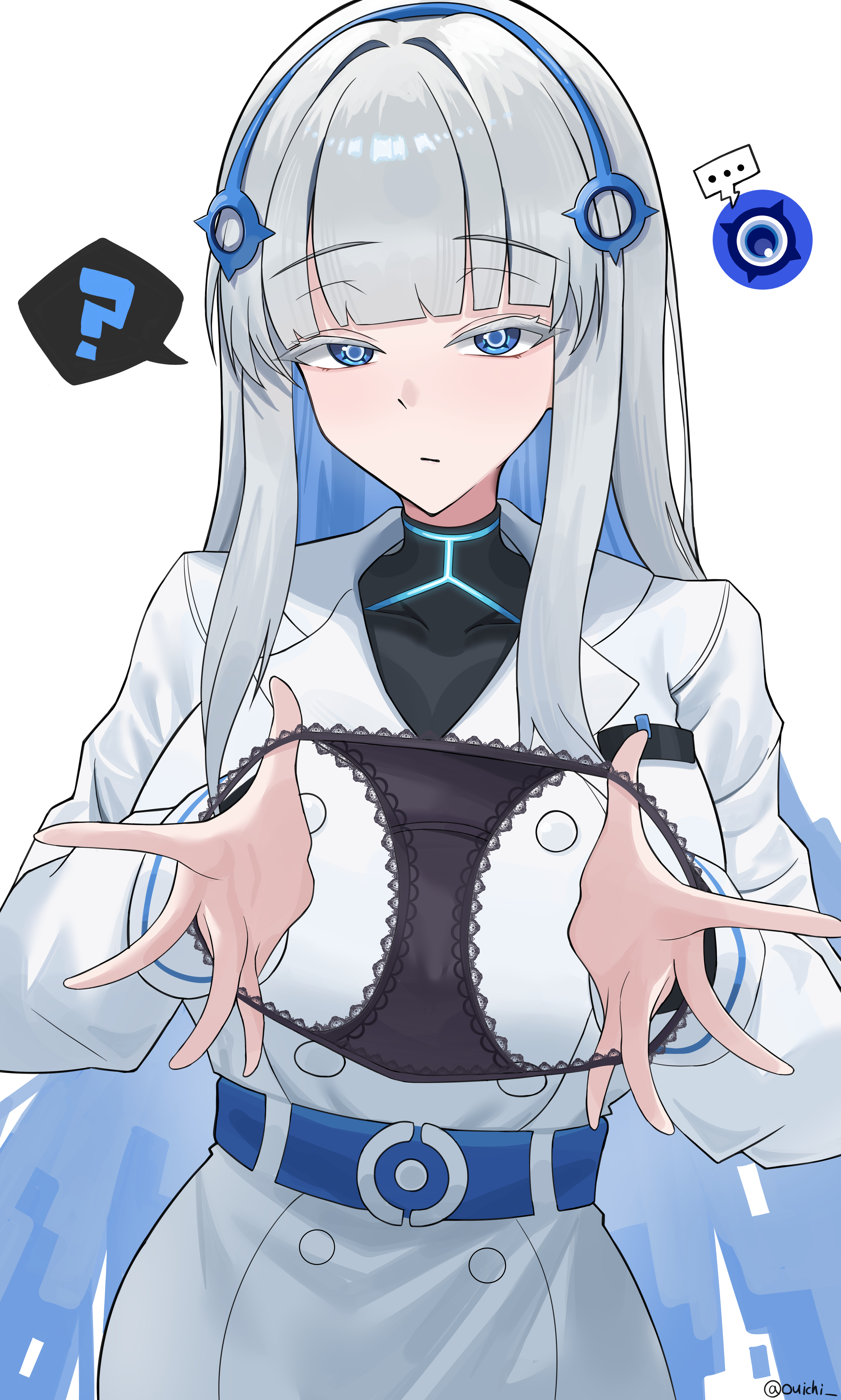 ?, 1girls, absurdres, belt, black panties, blue belt, blue eyes, blue hair, blunt bangs, coat, colored eyelashes, colored inner hair, commentary request, fairy (zenless zone zero), grey hair, high resolution, highres, holding, holding panties, holding underwear, lace, lace trim, lace-trimmed panties, large breasts, long hair, multicolored hair, ouichi, panties, personification, presenting removed panties, simple background, solo, spoken question mark, striped clothes, striped wrist cuffs, underwear, white background, white coat, white eyelashes, wrist cuffs, zenless zone zero