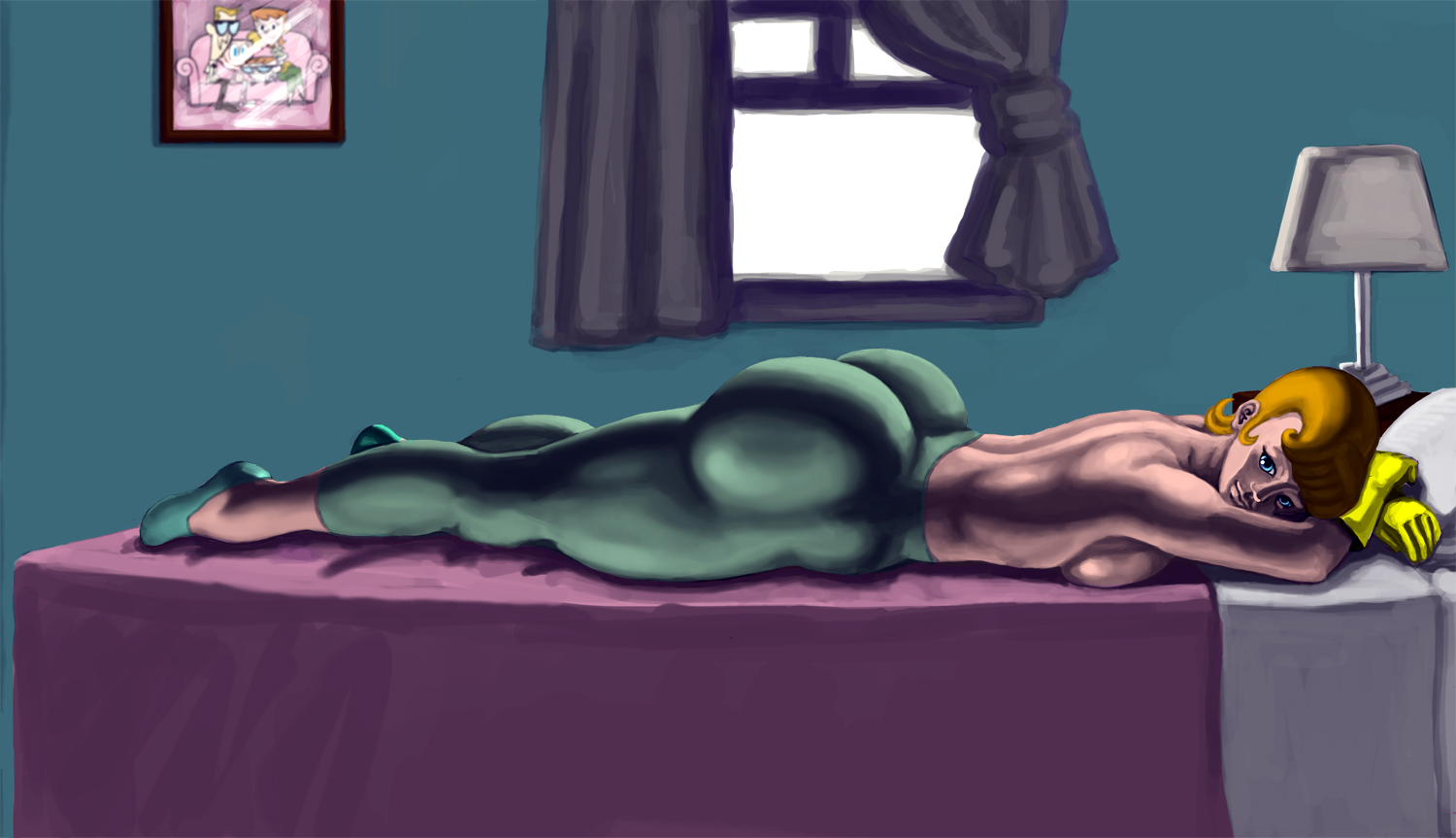 ass, bangs, bedroom, breast suppress, breasts, dexter's laboratory, dexter's mom, female, female only, gloves, green hair, heels, huge ass, human, latex, latex gloves, looking at viewer, lying down, milf, rat haven, red hair, short hair, skin tight, smile, solo, spandex, thick thighs, topless, yellow gloves