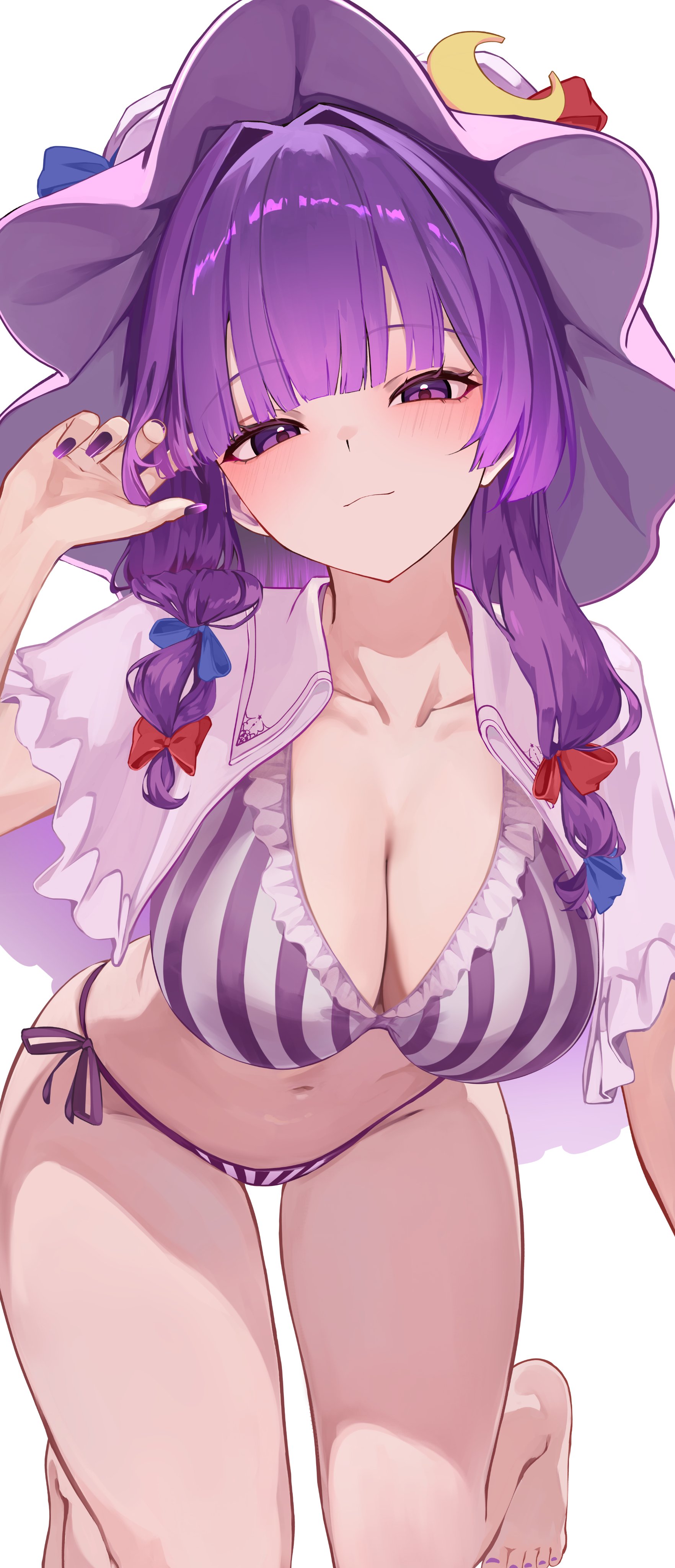 1girl, absurdres, alternate costume, barefoot, bikini, blue bow, blush, bow, breasts, cleavage, closed mouth, collarbone, commentary request, crescent, crescent hat ornament, hair bow, hat, hat ornament, highres, large breasts, looking at viewer, multiple hair bows, open clothes, open shirt, patchouli knowledge, pink hat, pink shirt, purple bikini, purple eyes, purple hair, red bow, shirt, side-tie bikini bottom, smile, solo, striped bikini, striped clothes, swimsuit, thighs, toes, touhou, vertical-striped bikini, vertical-striped clothes