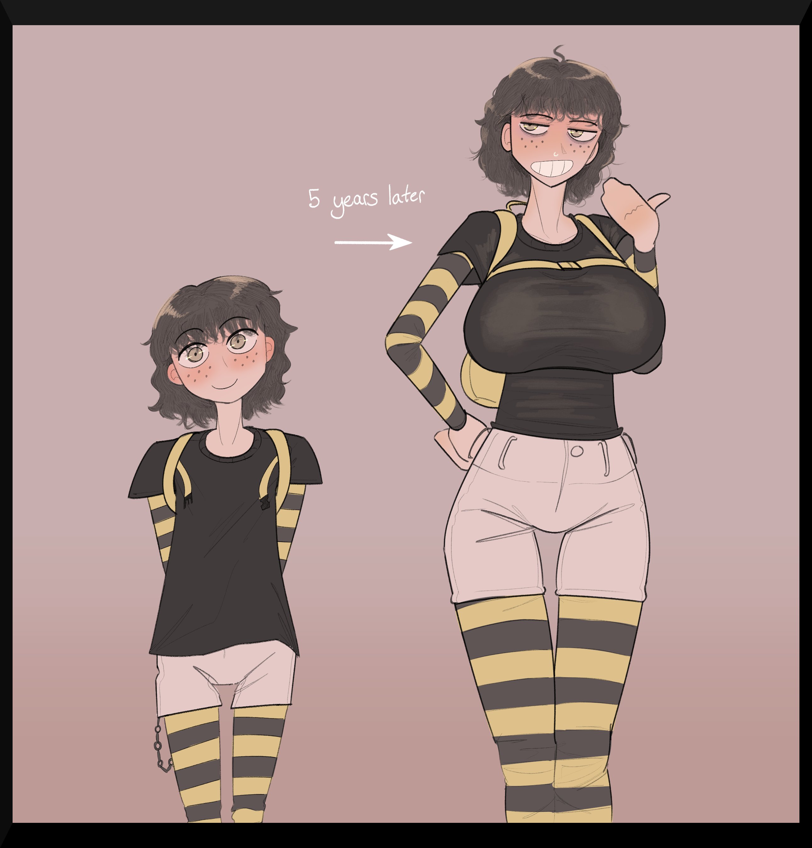 1girls, before and after, black hair, female, female only, fm001, grown up, growth, huge breasts, large breasts, oc, original, original character, tall female, tomboy