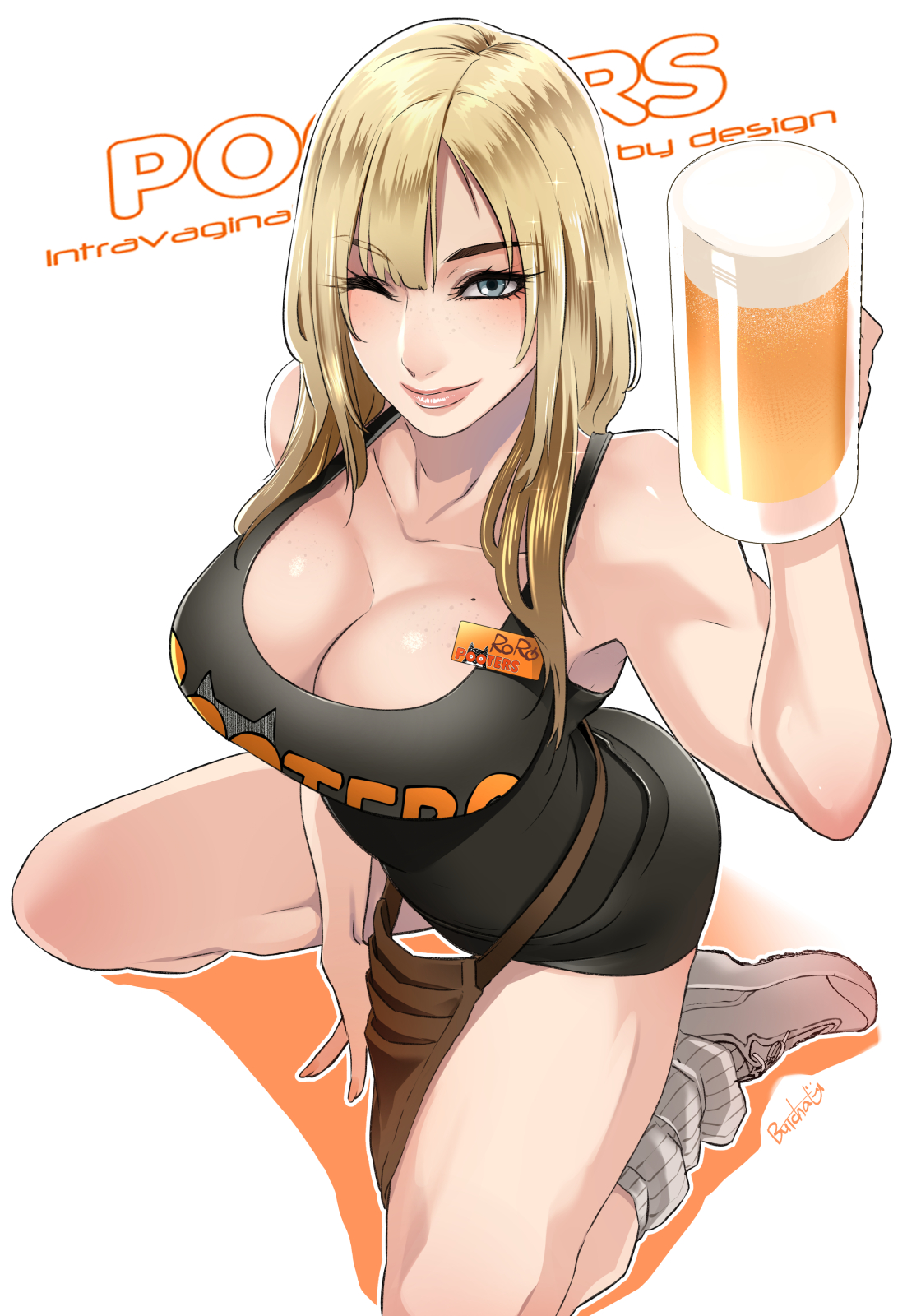 1girl, alcohol, bare arms, bare legs, bare shoulders, beer, beer mug, big breasts, black dress, blonde hair, blue eyes, blush, breasts, butcha-u, cleavage, collarbone, cup, dress, freckles, highres, hooters, large breasts, long hair, looking at viewer, loose socks, mole, mole on breast, mug, one eye closed, original, original character, simple background, sitting, smile, socks, solo, straight hair, white background