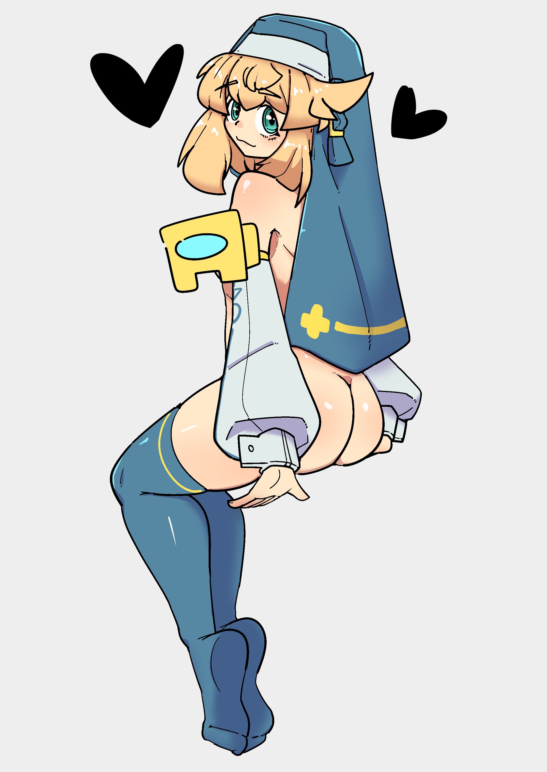 1boy, aqua eyes, ass, blonde hair, blonde male, blonde-haired male, blue eyes, bottomless, breasts, bridget, fair skin, fair-skinned male, guilty gear, hat, heart, hood, light skin, light-skinned male, looking at viewer, looking over shoulder, male, mxlovegopdng, nude, simple background, sitting, smile, smiling, smiling at viewer, thigh highs, trans, trans woman, transfem, transgender, transgender woman, white background