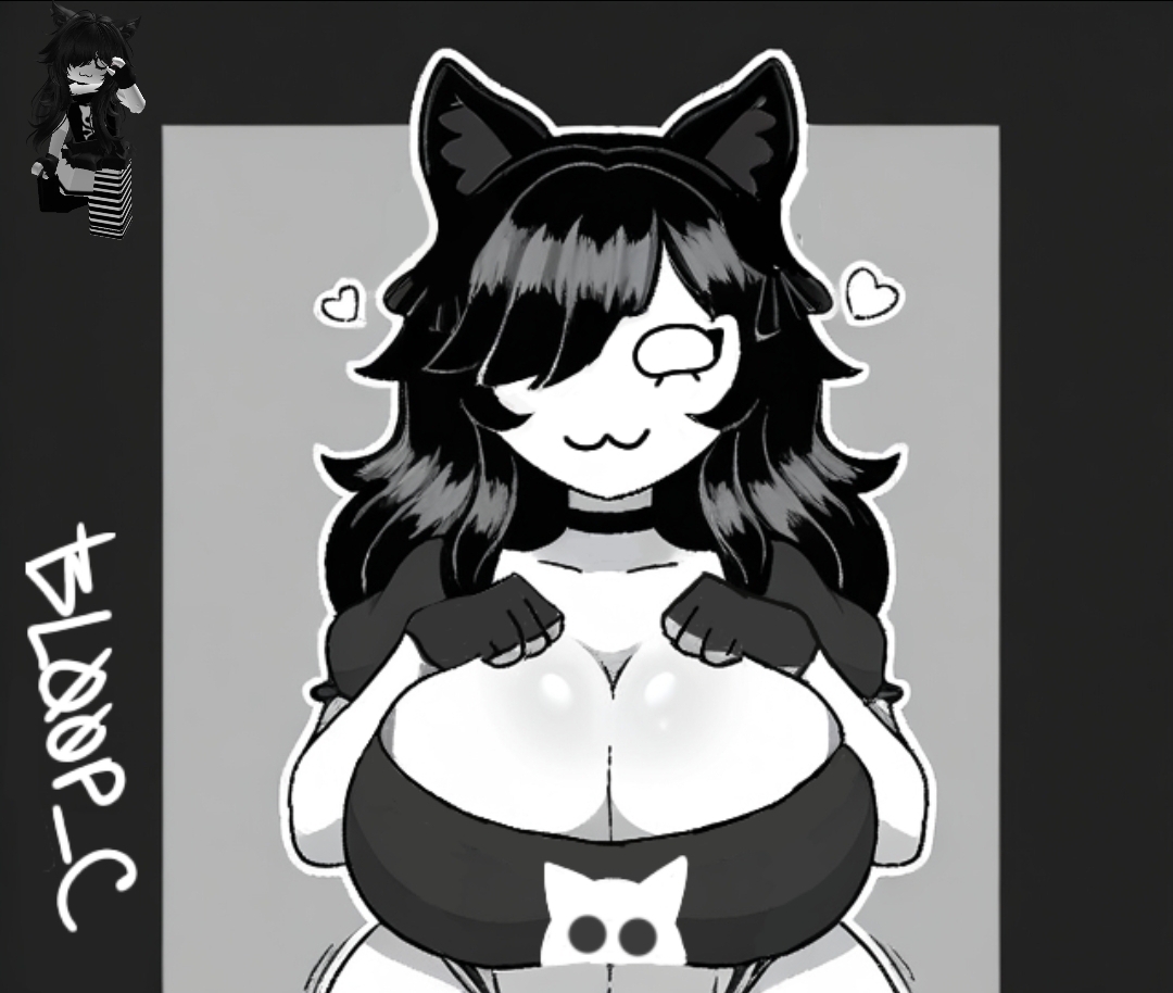 :3, 1girls, big breasts, bl00p, black hair, breast focus, breasts, cat ears, cat girl, catgirl, cute, cute expression, cute face, female, female only, hands on breasts, looking at viewer, necklace, pale skin, pale-skinned female, reference image, request, roblox, roblox avatar, robloxian, self upload, tagme, white skin