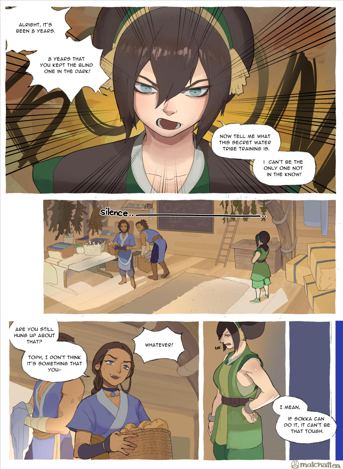 1boy, 2girls, avatar legends, avatar the last airbender, blind, comic, curious, dark skin, dark-skinned female, dark-skinned male, earth kingdom, katara, light-skinned female, matchattea, smirk, sokka, text, text bubble, toph bei fong, tribal, tribal clothing, water tribe