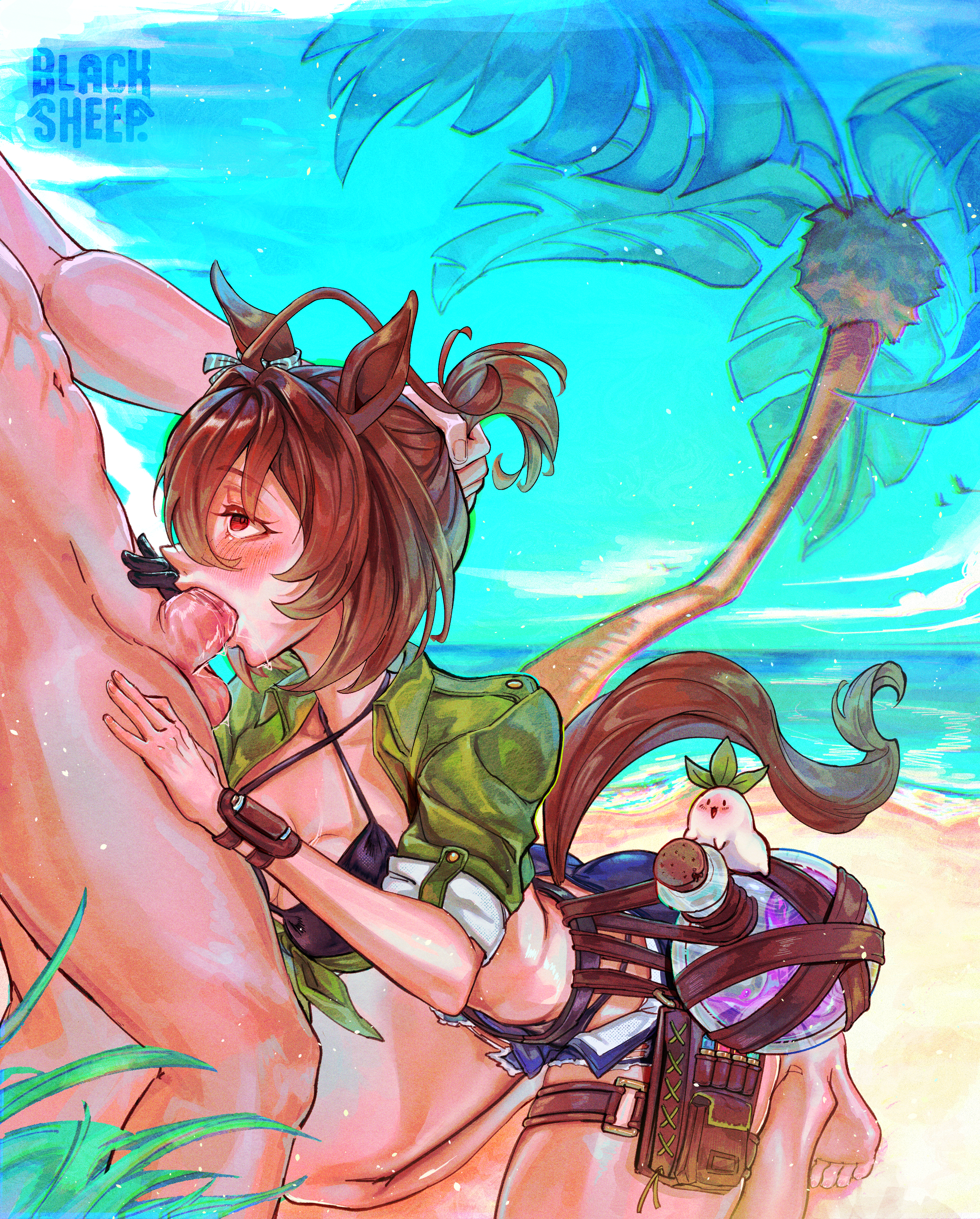 agnes tachyon (umamusume), beach, bikini, bikini top, black gloves, blacksheepdraws, blowjob, brown eyes, eyes up, grab hair, grab head, horse ears, horse tail, jean shorts, kneeling, kneeling oral position, oral penetration, oral sex, straps, tail, umamusume, vest, vest open