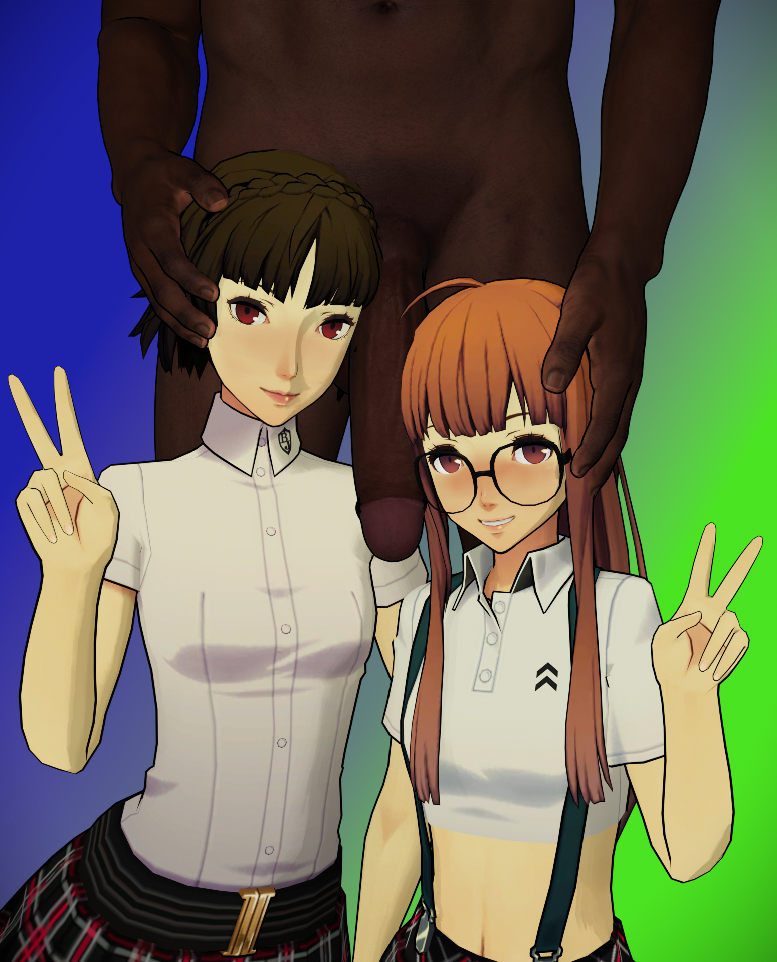 1boy, 1girl, 1girls, 2girls, 2girls1boy, 3d, belly, brown eyes, brown hair, clothed female nude male, crunchypachy, dark-skinned male, glasses, makoto niijima, peace sign, penis, persona, persona 5, red eyes, red hair, sakura futaba, school uniform, sega, v sign
