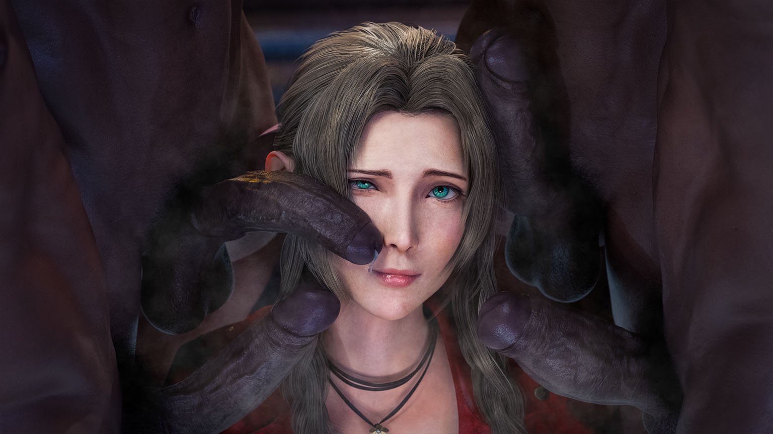 1girls, 3d, 3d render, 4boys, aerith gainsborough, brown hair, dark penis, dark skin, dark-skinned male, final fantasy, final fantasy vii, green eyes, group, group sex, hanada iru, interracial, large penis, light skin, light-skinned female, musk, penis, penis on face, precum, precum drip, smell, smelly cock, spine (game), video game character, video games