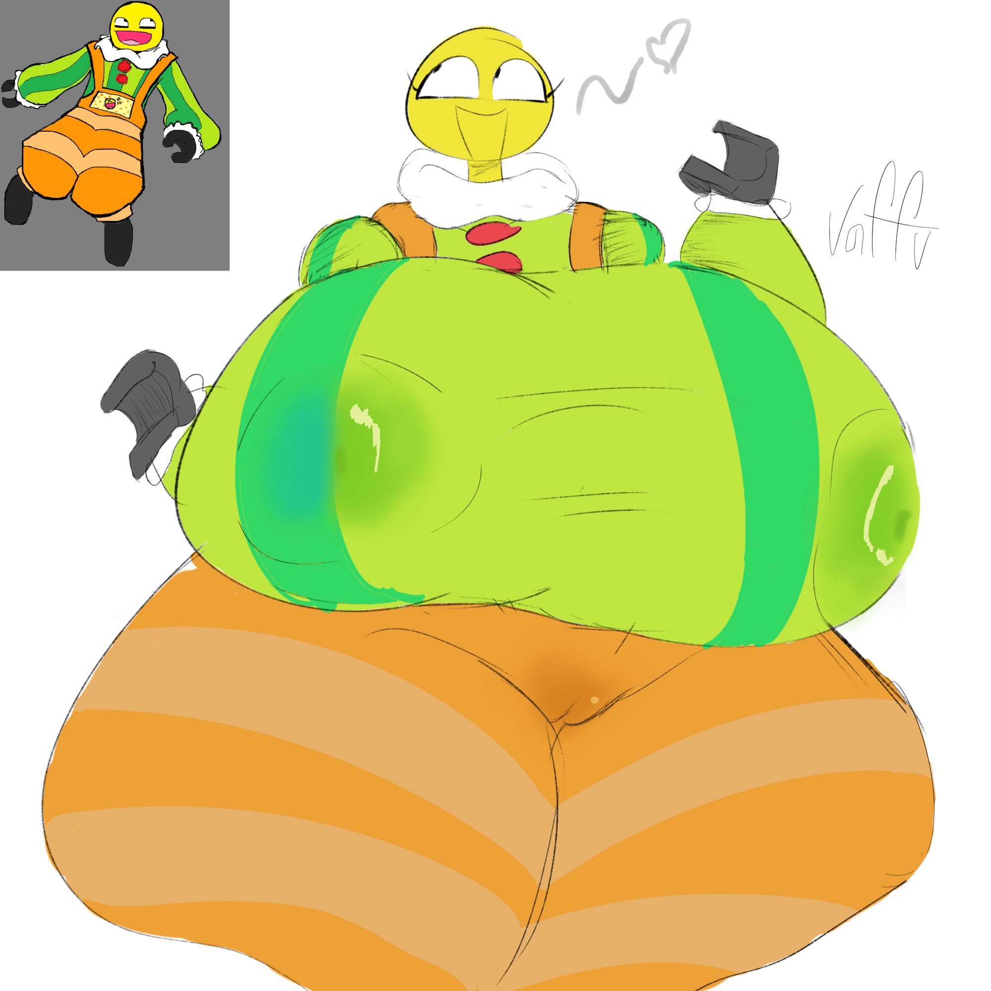 1girl, 1girls, 1woman, 1women, 2d, 2d (artwork), 2d artwork, ass bigger than head, big breasts, breast expansion, breasts, breasts bigger than head, charlatan (forsaken), chounyuu, clothed, clothing, color, colored, colored sketch, colour, coloured, digital art, digital drawing, digital drawing (artwork), digital media, digital media (artwork), expansion, eyes, forsaken (roblox), green, hairless, huge breasts, hyper ass, hyper breasts, image, mouth, nipples, nipples visible through clothing, orange, out of frame, pussy visible through clothes, reference image, roblox, roblox game, self upload, shaded, smile, smiling, solo, solo female, solo focus, solo woman, tagme (artist), thick thighs, thighs, uncensored, useless clothing, video game character, video games, voluptuous, voluptuous female, white, white background, yellow, yellow body, yellow skin