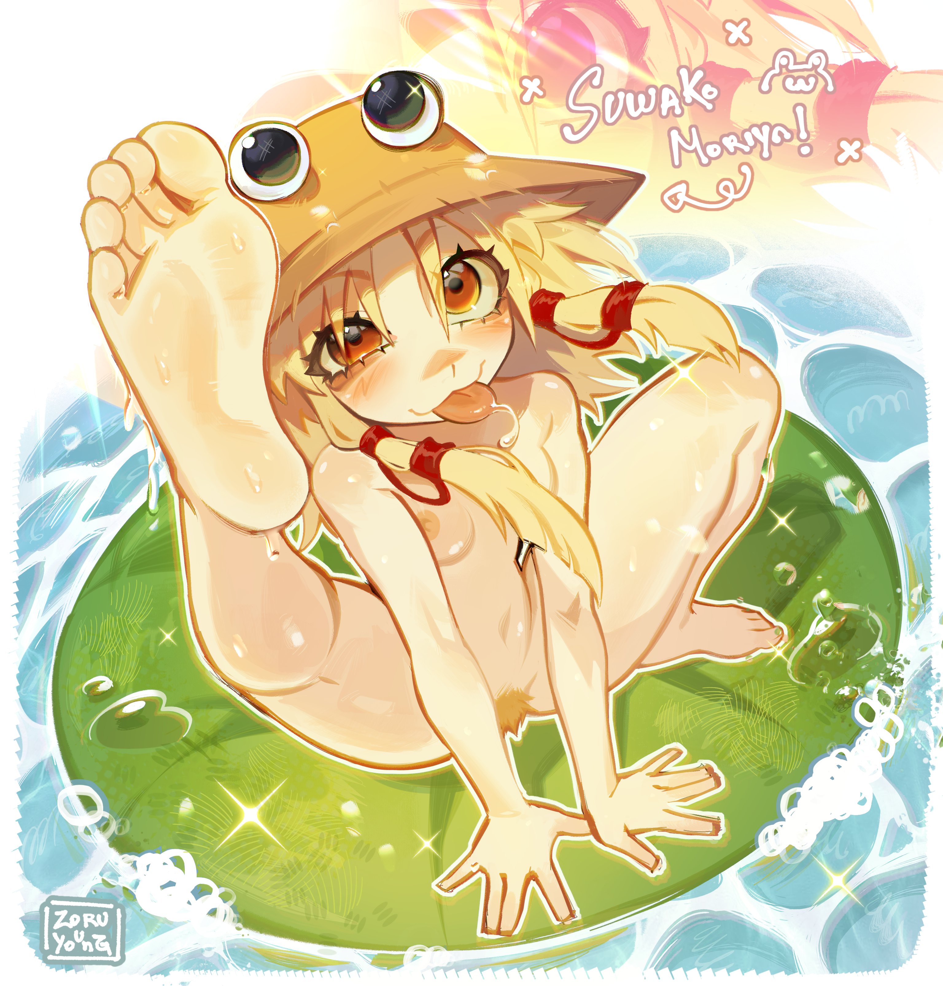 blonde hair, dialogue, feet, hairy, hairy pussy, hat, moriya suwako, orange eyes, soles, straw hat, tagme, tongue, tongue out, touhou, water, watermark, zoruyoung