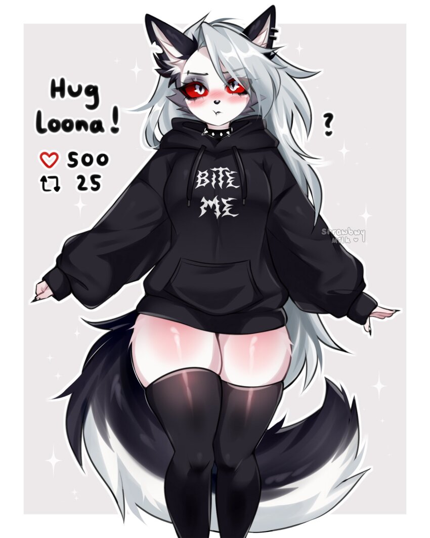 1girl, animal ears, black hoodie, black thighhighs, blush, breasts, colored sclera, earrings, english text, feet out of frame, furry, furry female, grey background, grey eyes, grey hair, hellaverse, helluva boss, highres, hood, hood down, hoodie, jewelry, large breasts, like and retweet, long hair, long sleeves, loona (helluva boss), pout, puffy long sleeves, puffy sleeves, red sclera, shiny clothes, shiny skin, slit pupils, solo, strawbwymilk, tail, thighhighs, white background, wolf ears, wolf tail