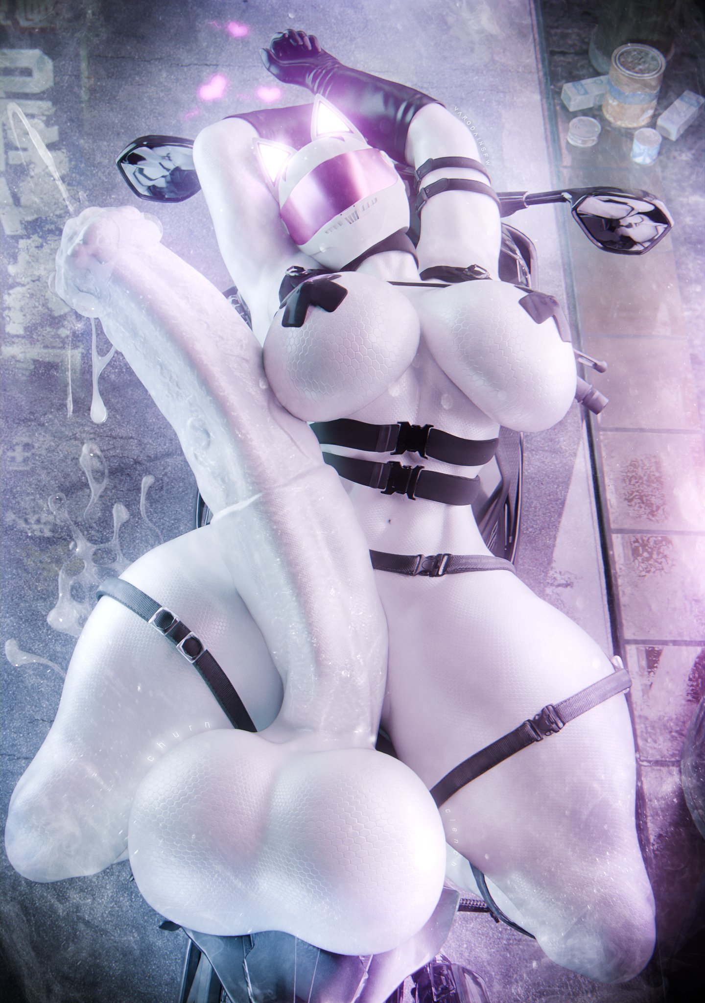 1futa, 3d, arms up, big penis, bike helmet, cum on floor, dickgirl, erection, futa focus, futa only, futanari, horsecock, horsecock futa, huge cock, hyper penis, intersex, leaking cum, motorcycle, nevaeh (jinsang), precum, solo, solo focus, solo futa, stretching, varodai, white body
