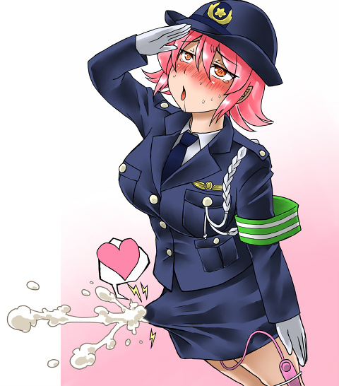 <3, 1futa, ahe gao, blush, bulge, cum, cum in clothes, cum through clothes, cumshot, dickgirl, ejaculation, erection, erection under clothes, erection under skirt, futa only, futanari, hands-free, handsfree ejaculation, intersex, open mouth, orange eyes, penis, penis bulge, penis under clothes, penis under skirt, pink hair, police, salute, skirt, skirt lift, sweat, tears, tenting, uniform, vibrator, vibrator under clothes