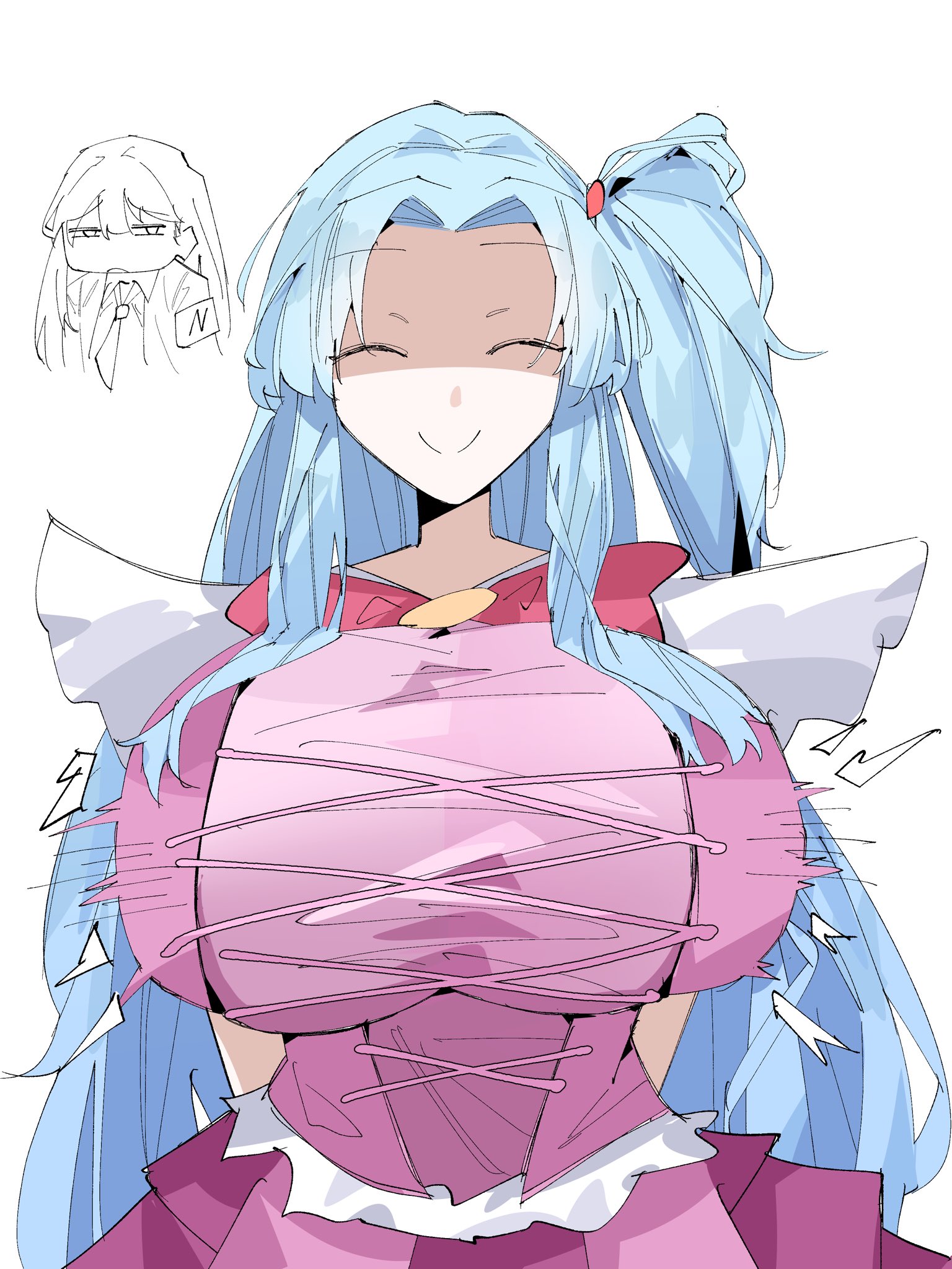 1boy, 1girls, angela (lobotomy corporation), artist request, blue hair, bow, breasts, breasts bigger than head, eyes closed, female, hair, huge breasts, lobotomy corporation, magical girl outfit, male, netzach, netzach (project moon), project moon, queen of hatred (cosplay), robot, robot girl, robot humanoid, smile, smiling