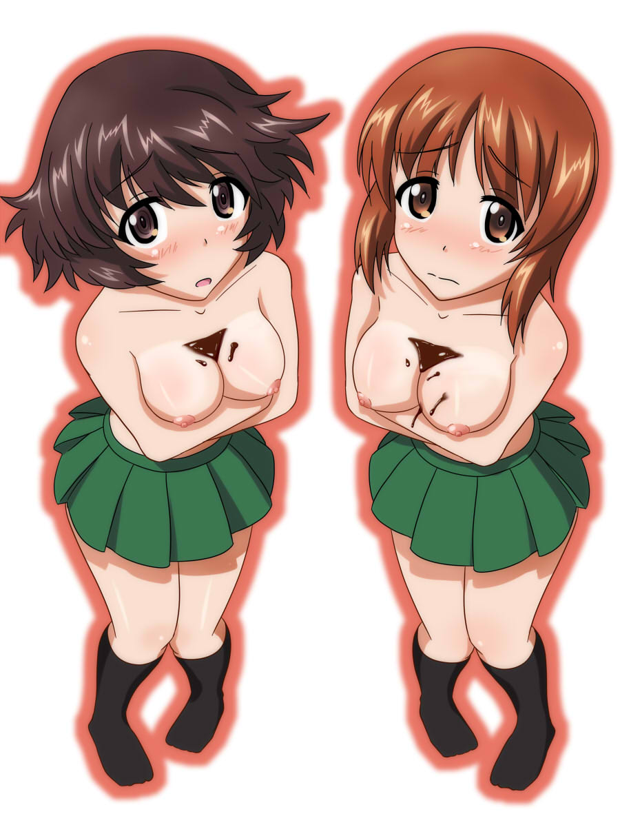 2girls akiyama_yukari blush breast_hold breasts brown_eyes brown_hair bust_cup chocolate girls_und_panzer highres liquid looking_at_viewer multiple_girls nipples nishizumi_miho no_shirt no_shoes shiny shiny_skin simple_background skirt socks white_background