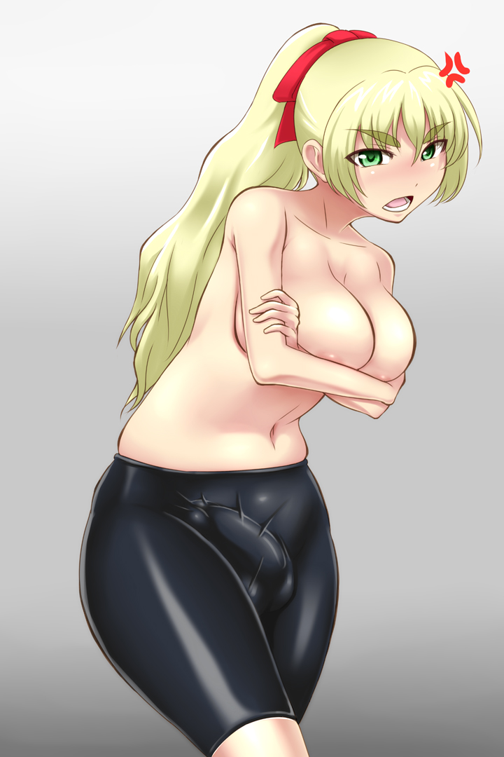 1futa, angry, areola, areola slip, balls, bike shorts, blonde hair, blush, breasts, bulge, busty, cameltail, cleavage, covering breasts, erect penis, erection, erection under clothes, futa only, futanari, green eyes, intersex, large breasts, navel, no bra, open mouth, penis, ponytail, shorts, solo, standing, testicles, tied hair, tight clothes, tontoro8, topless, voluptuous