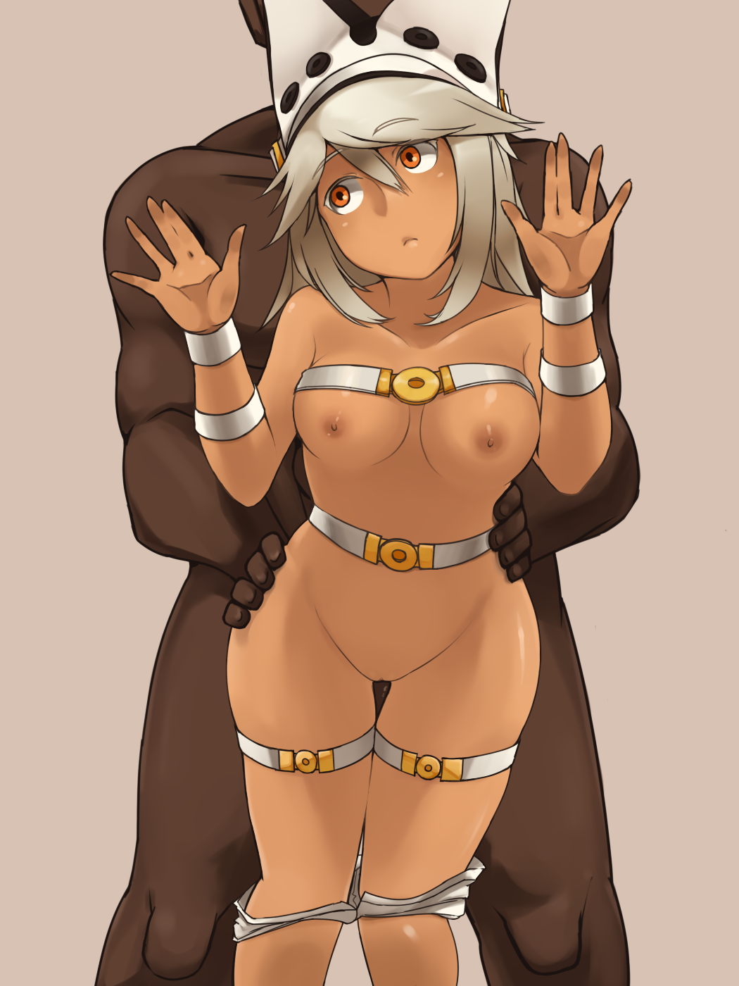 1boy 1girls against_wall belt beltbra bra bra_lift breasts censored clothes dark-skinned_female dark-skinned_male dark_nipples dark_skin faceless faceless_male female grabbing_from_behind guilty_gear guilty_gear_xrd hands_on_another's_hips hat highres implied_sex long_hair male nipples orange_eyes ramlethal_valentine sakushin short_shorts shorts shorts_pull silver_hair solo_focus surprised thigh_belt thigh_gap underboob underwear