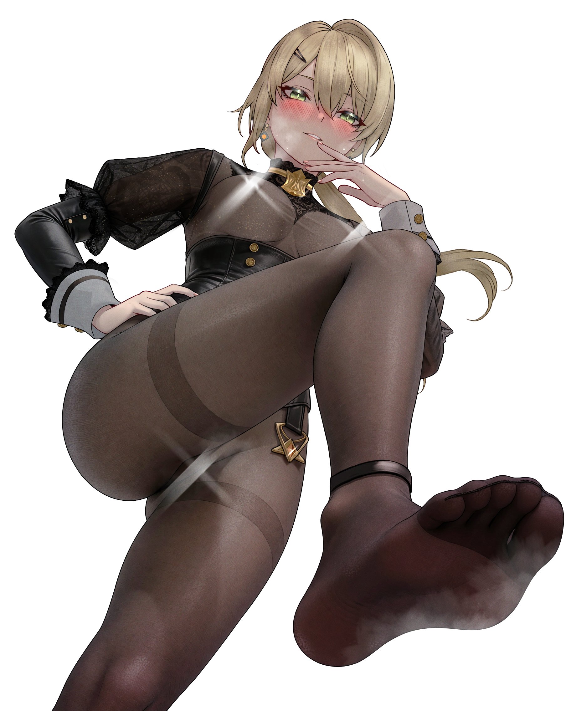 1girls, alternate version at source, alternate version available, art undertaker, blonde hair, blush, bodystocking, breasts, censored, clothing, feet, female, female only, foot fetish, foot focus, from below, girls' frontline, girls' frontline 2: exilium, green eyes, heavy breathing, long hair, looking at viewer, low-angle view, medium breasts, ponytail, revealing clothes, sextans (girls' frontline 2), sextans (nocte bewitchment) (girls' frontline 2), soles, steam, steaming body, stepped on, sweat, sweatdrop, toes, viewed from below