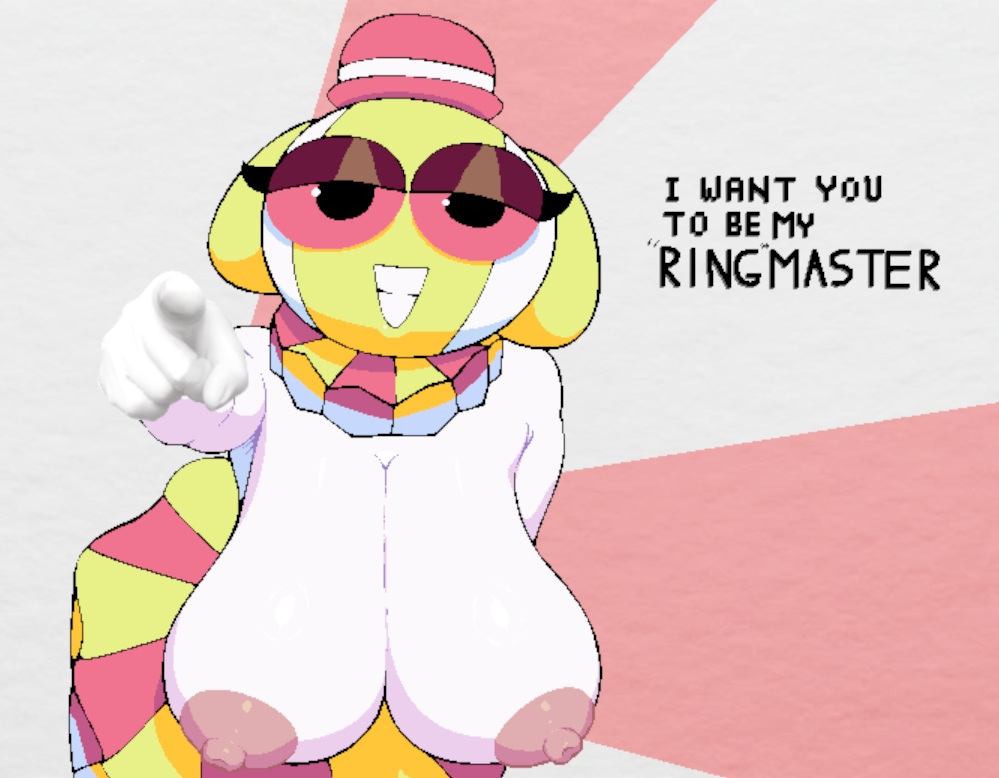 5 fingers, areola, around drum, bedroom eyes, bent over, big areola, big breasts, bowler hat, breasts, cleavage, clothed, clothing, endacopia, eyelashes, eyeshadow, female, fingers, gesture, grin, hand gesture, hat, headgear, headwear, humanoid, looking at viewer, makeup, multicolored body, multicolored clothing, narrowed eyes, nipples, pattern clothing, pink background, pink body, pink eyes, pointing, pointing at viewer, puffy nipples, sagging breasts, seductive, simple background, smile, solo, striped clothing, stripes, teeth, text, topless, topless female, trapezist (endacopia), yellow body