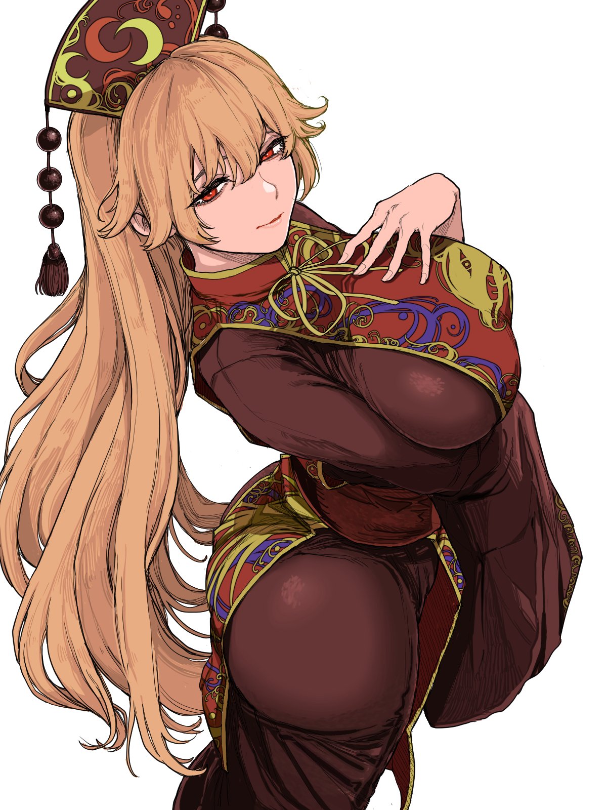 1girls, ass, big ass, big boobs, big breasts, blonde hair, boobs, breasts, bubble butt, busty, butt, clothed, clothed female, curvy, curvy body, curvy figure, dress, elegant, female, female only, fully clothed, ghostship55, hand on breast, huge ass, junko (touhou), light skin, light-skinned female, mature, mature female, mature woman, milf, questionable, sfw, sideboob, solo, solo female, tight clothes, tight clothing, tits, touhou, touhou project