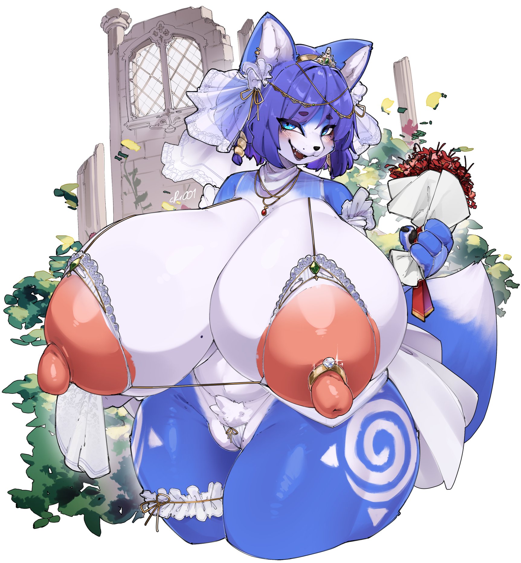 animal ears, anthro, areolae, barely clothed, big breasts, blue body, blue eyes, blue fur, blue hair, blush, blushing, bouquet, breasts, breasts bigger than head, breasts out, bridal gauntlets, bridal lingerie, bridal veil, bride, chubby, crotch, exposed breasts, flowers, fox ears, fox girl, fox humanoid, fox tail, furry, holding bouquet, huge breasts, huge nipples, hyper, hyper breasts, inner ear fluff, jewelry, krystal, krystal (star fox), large breasts, lingerie, looking at viewer, markings, mole, mole on breast, mole on pussy, mouth open, necklace, nipple ring, nipples, panties, pubic hair, pubic tuft, rr001c, short hair, skimpy, star fox, star fox adventures, thick thighs, thigh markings, thigh strap, thighs, tiara, two-tone body, wedding lingerie, wedding ring, wedding veil, white body, white fur, white tipped tail, wide hips