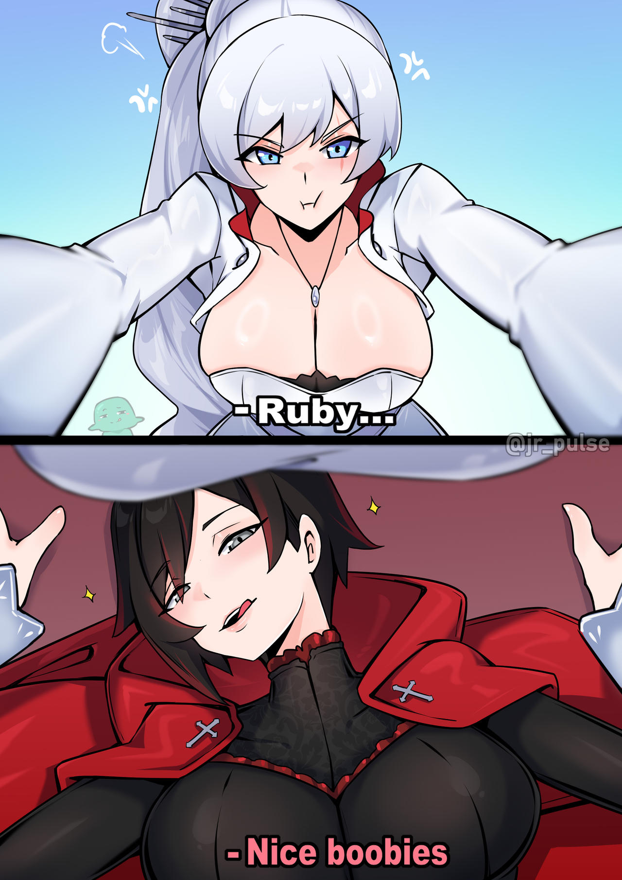 2girls, big breasts, black hair, blue eyes, breasts, compliment, duo, fanon couple, female, female only, jrpuls3, light-skinned female, multiple girls, red hair, ruby rose, rwby, silver eyes, tagme, text, two-tone hair, weiss schnee, white hair, yuri