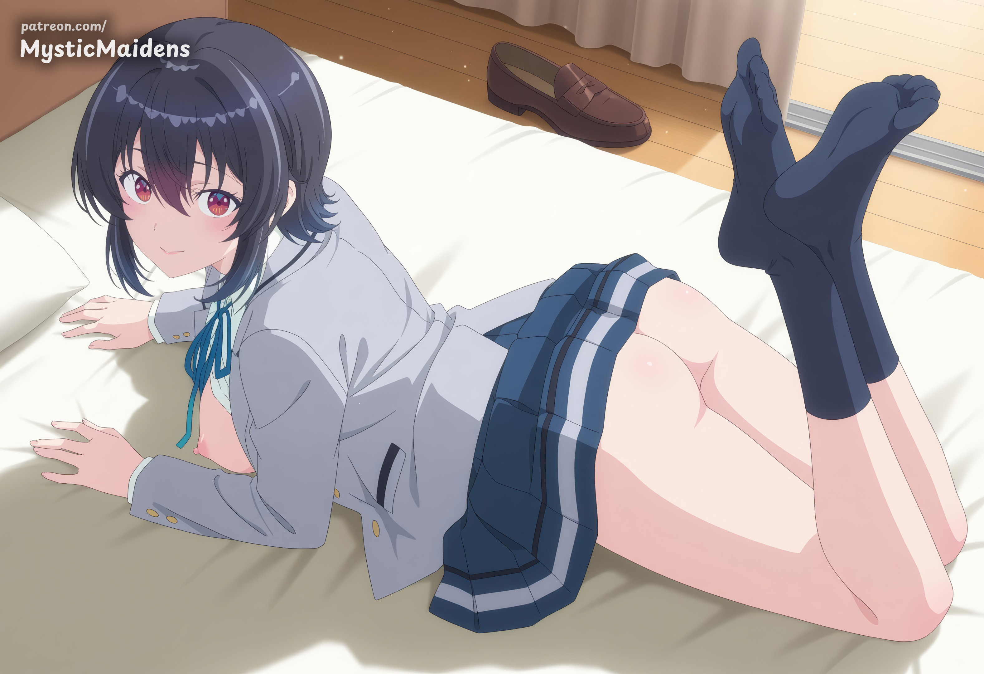 1girl, ai generated, anime, anime style, asanagi umi, ass, bed, bed sheet, black hair, black socks, blazer, blue ribbon, blue skirt, blush, breasts, breasts out, brown footwear, class de 2-banme ni kawaii onnanoko to tomodachi ni natta, closed mouth, clothes lift, collared shirt, curtains, fanbox username, feet, feet up, full body, grey jacket, hair between eyes, hentai, hi res, i made friends with the second prettiest girl in my class, indoors, jacket, legs, loafers, long sleeves, looking at viewer, lying, medium breasts, miniskirt, mystic maidens, neck ribbon, nipples, no bra, no panties, no shoes, on bed, on stomach, open clothes, patreon, patreon username, pillow, pleated skirt, red eyes, ribbon, school uniform, shirt, shoes, short hair, sidelocks, skirt, skirt lift, smile, socks, soles, solo, thighs, toes, umi asanagi, unworn shoes, white shirt, wooden floor