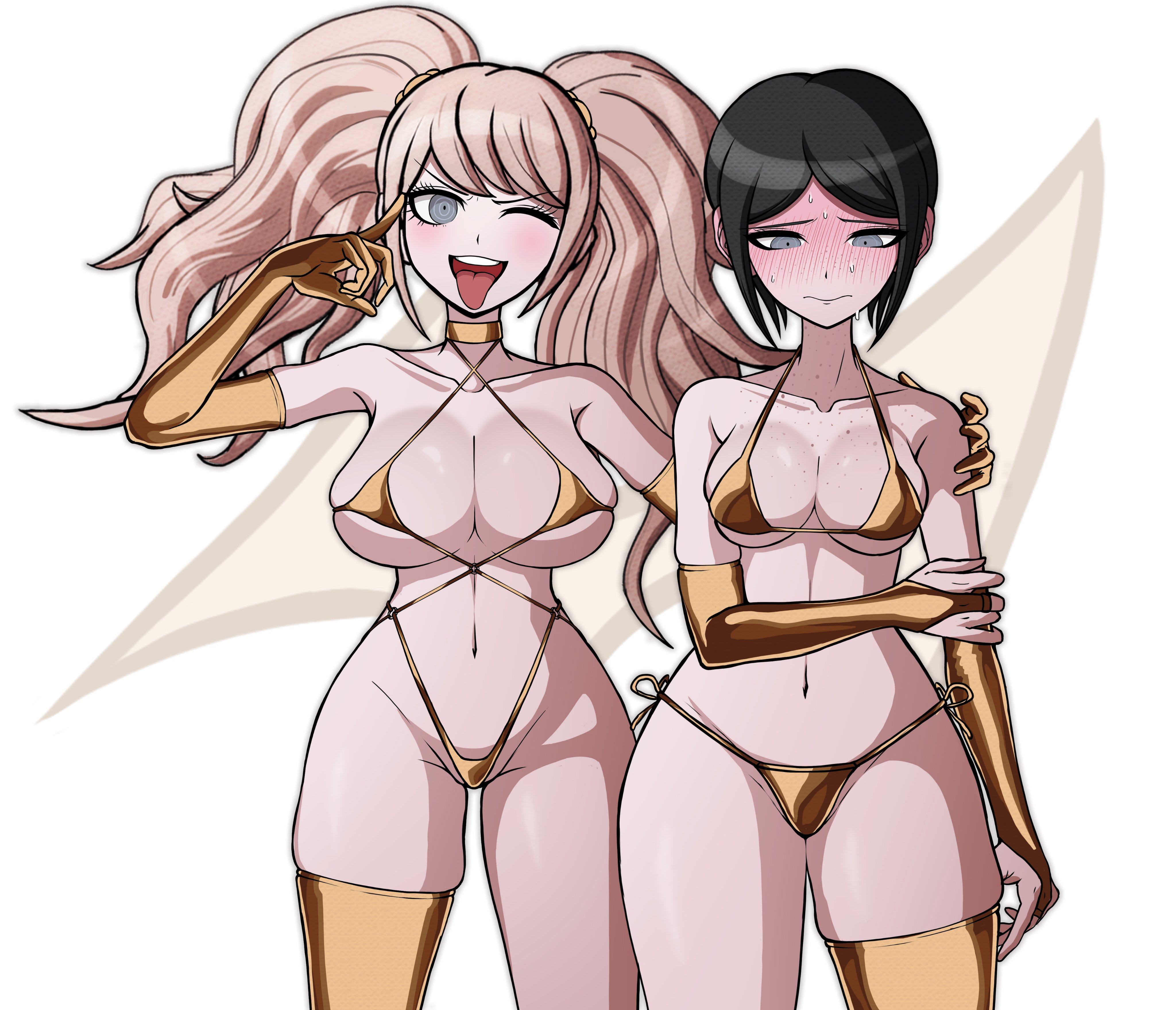 2girls, belly button, bikini, black hair, blonde hair female, blue eyes, blush, curvy, danganronpa, danganronpa: trigger happy havoc, embarrassed, freckles, golden bikini, golden week, hair ornament, holding arm, huge breasts, junko enoshima, leggings, looking down, middinos, midnightdindins, mukuro ikusaba, short hair, sisters, sleeves, small breasts, smile, sweat, tongue out, twin tails, wink