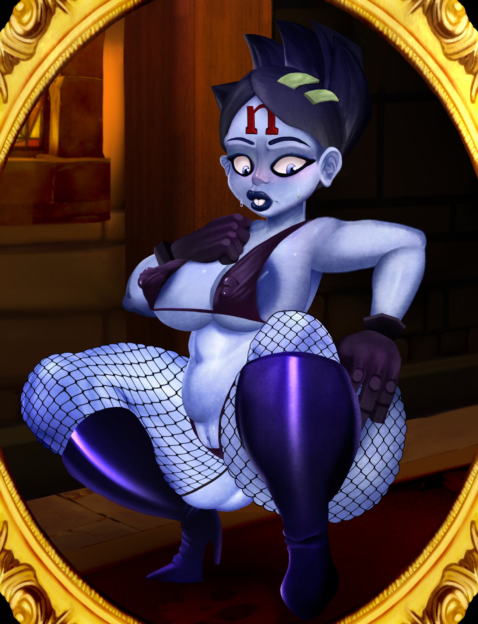 1girls, areola peek, ass, big areola, big ass, big breasts, black hair, black lipstick, blushing, breasts, buckteeth, chubby, crabtopus, crash (series), crash bandicoot (series), eyeliner, fishnets, gloves, goth, hand on hip, high heels, juicy lips, large ass, mirror, nervous, nina cortex, purple skin, pussy, pussy peek, short hair, squatting, sweat, thick thighs, thighs, thunder thighs, voluptuous female