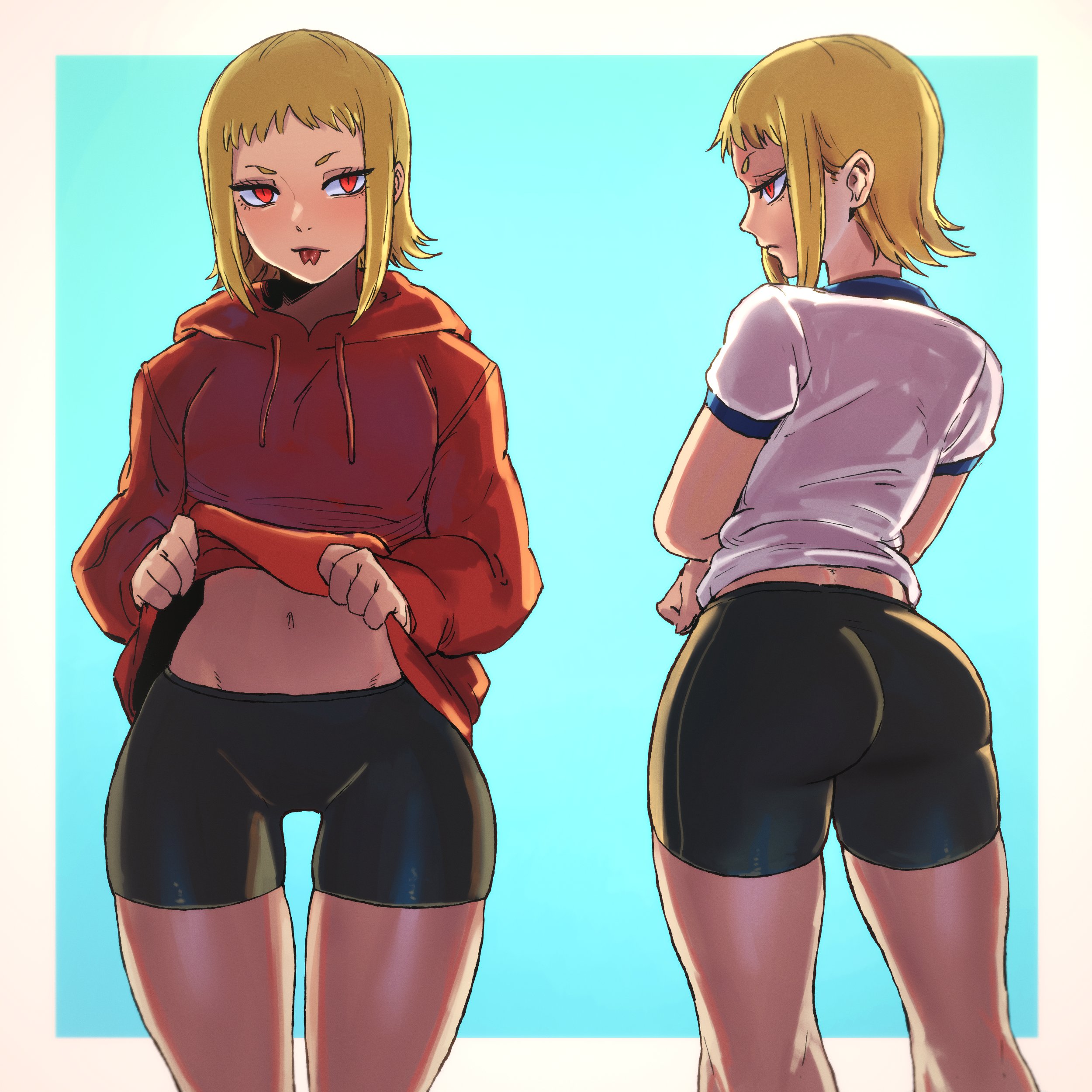 1girls, ass, big ass, big butt, blonde, blonde female, blonde hair, butt, chainsaw man, clothed, female, female only, light skin, light-skinned female, petite, sawatari akane, short hair, shounen jump, snake tongue, spats, thigh gap, thighs, tight clothing, tight spats, tomboy, tomboyish, xandredarium