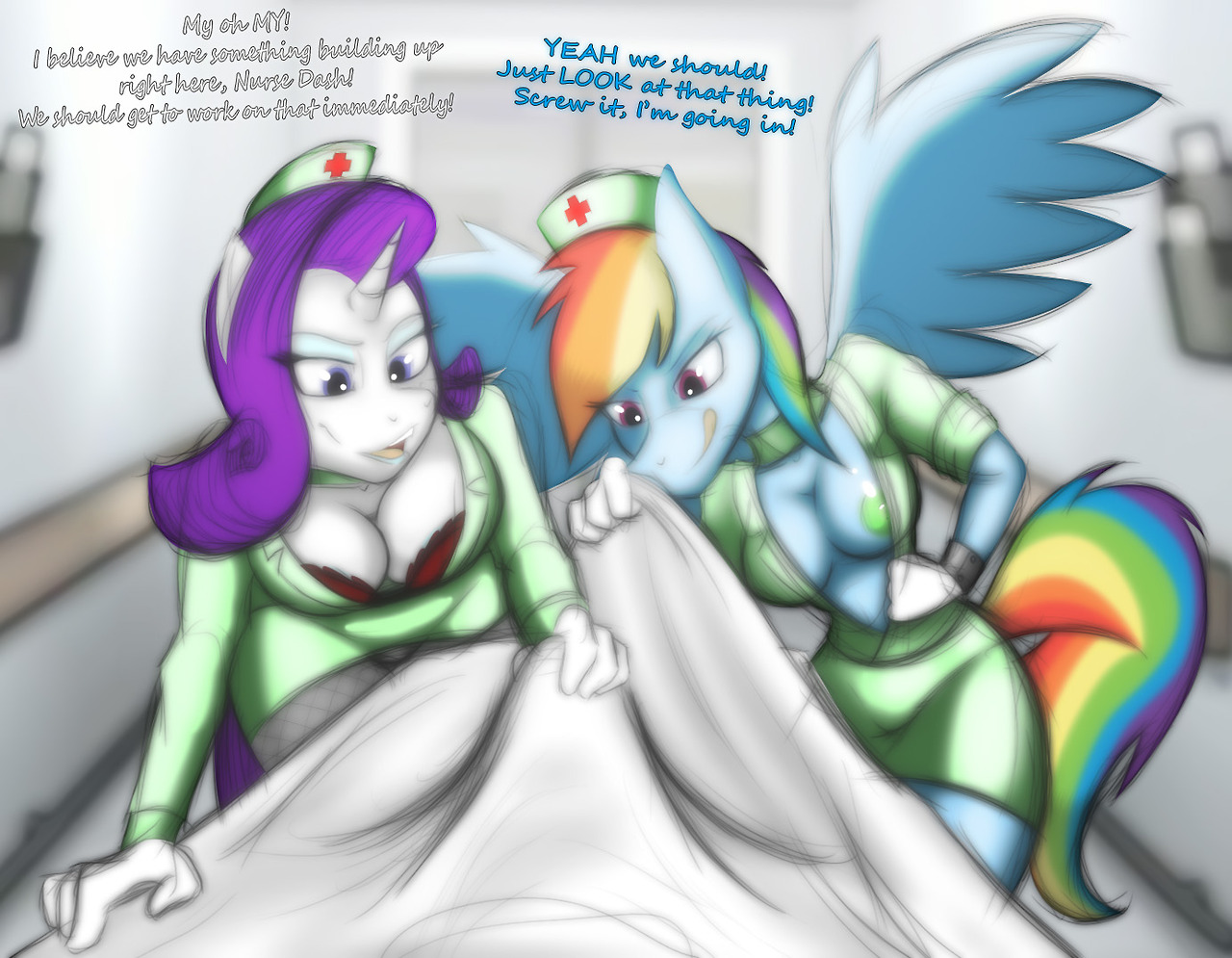 anthro, anthrofied, aroused, bent over, blue eyes, blue fur, bra, breasts, bulge, cleavage, clothed, clothes, curly hair, english text, equine, erection, eyeshadow, female, fishnet, friendship is magic, green nipples, group, hallway, handjob, hat, horn, horse, imminent sex, jrvanesbroek, licking, licking lips, looking down, makeup, male, male pov, mammal, miniskirt, multicolored hair, my little pony, nipples, nurse, nurse uniform, open mouth, pegasus, penis, pony, pov, purple eyes, purple hair, rainbow dash (mlp), rainbow hair, rarity (mlp), rubbing, sex, skirt, smile, stockings, straight hair, teeth, text, tongue, tongue out, topless, underwear, undressing, unicorn, white fur, wings