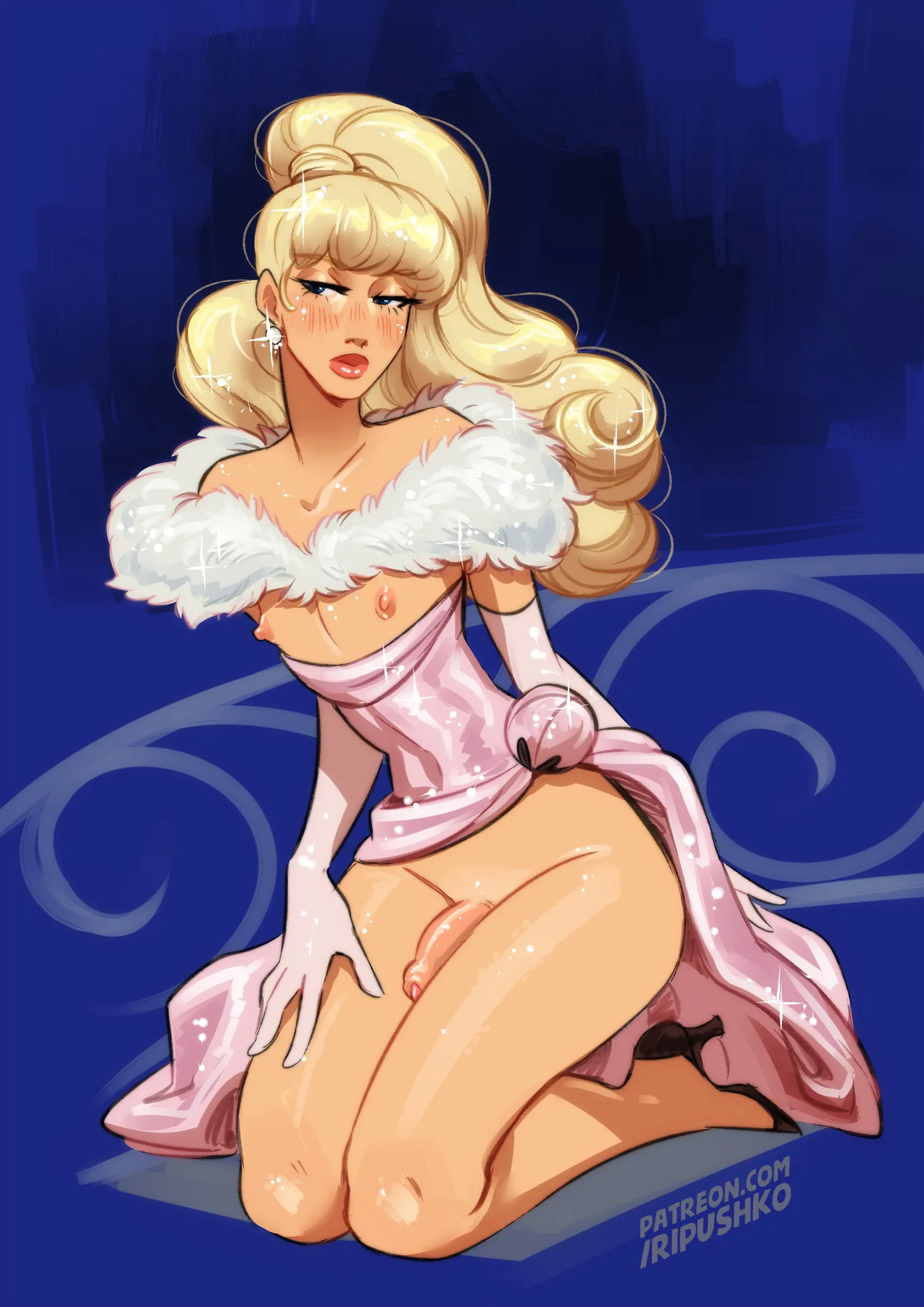 1boy, 1femboy, barbara millicent roberts, barbie (franchise), black high heels, blonde hair, blue eyes, blunt bangs, blush, blush lines, crossdressing, curly hair, dark blue background, diamond earrings, dress, earrings, elbow gloves, exposed nipples, exposed penis, fancy dress, femboy, feminine body, feminine faced male, feminine pose, flat chest, flowing hair, fur trim, fur trimmed dress, genderswap, genderswap (ftm), girly, glitter dress, hand on thigh, high heels, high ponytail, kneeling, light-skinned femboy, lipstick, long eyelashes, long hair, makeup, medium penis, on knees, pink dress, pink elbow gloves, plump lips, ponytail, pouty lips, puffy nipples, retracted foreskin, ripushko, rule 63, seductive pose, simple background, sissy, solo, solo femboy, thick eyelashes, thick thighs, thin waist, tomgirl, uncircumcised, white fur trim, wide hips
