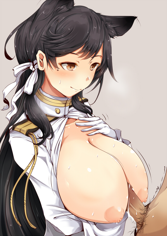 1boy animal_ears areolae atago_(azur_lane) azur_lane bangs black_hair breast_hold breasts breasts_out closed_mouth collarbone cum cum_on_body cum_on_breasts cum_on_upper_body ejaculation epaulettes female gloves hanchou_(shirokun555) hand_on_own_chest huge_breasts jacket male_pubic_hair military military_uniform mole mole_under_eye nipples no_bra open_clothes open_jacket paizuri penis perpendicular_paizuri pubic_hair ribbon solo_focus straight sweat swept_bangs uniform white_gloves white_jacket white_ribbon