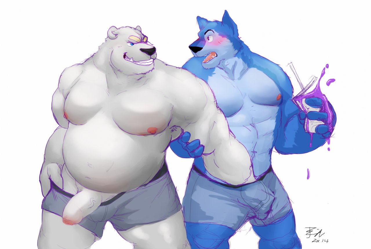 abs anthro bear beverage biceps big_muscles bin blue_fur blush boxers canine chubby duo erection fat fur furry grope hand_in_pants male male_only mammal multiple_males musclegut muscles pecs penis polar_bear standing topless uncut underwear wolf yaoi